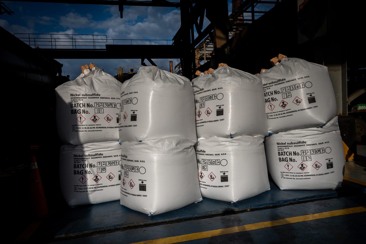 Bags of nickel ore ready to be shipped at a nickel factory operated by PT Vale Indonesia in Sorowako, South Sulawesi.