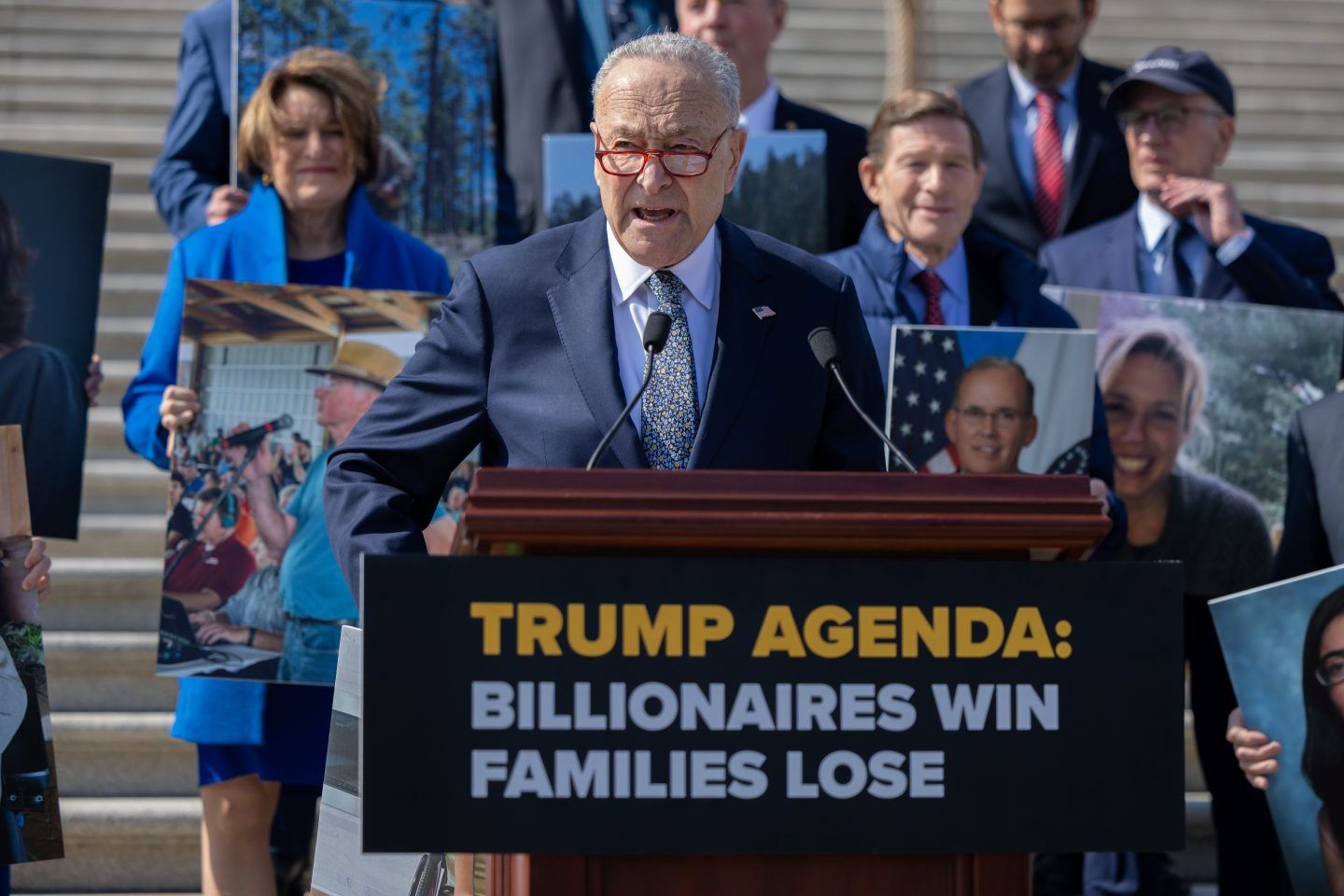 Senate Minority Leader Chuck Schumer (D-NY) speaks at a press event with other Senate Democrats ahead of President Donald Trump's joint address to Congress, in Washington, DC on March 4, 2025.