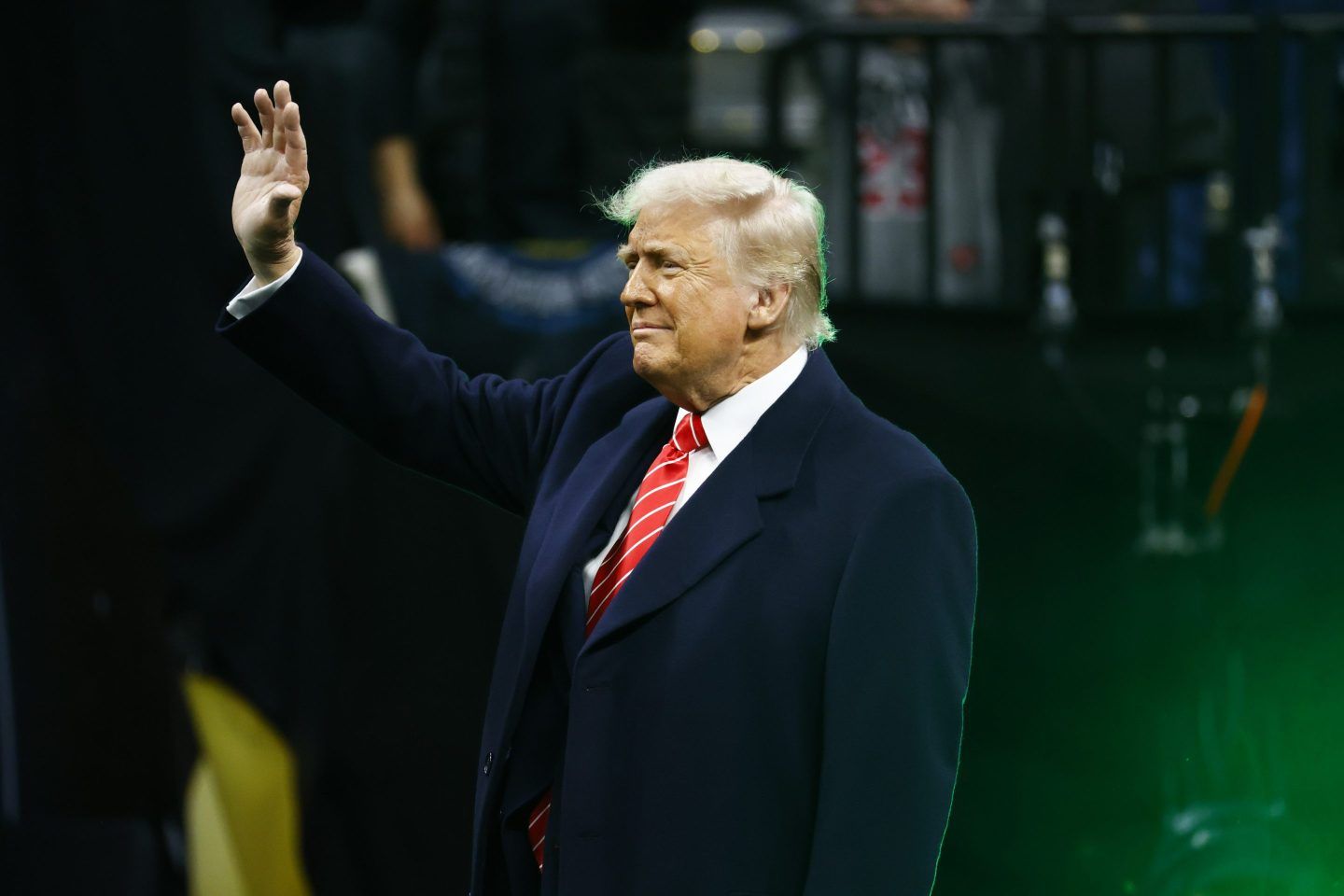 U.S. President Donald Trump enters the stadium during the Division I Men's Wrestling Championship held at the Wells Fargo Center on March 22, 2025 in Philadelphia.