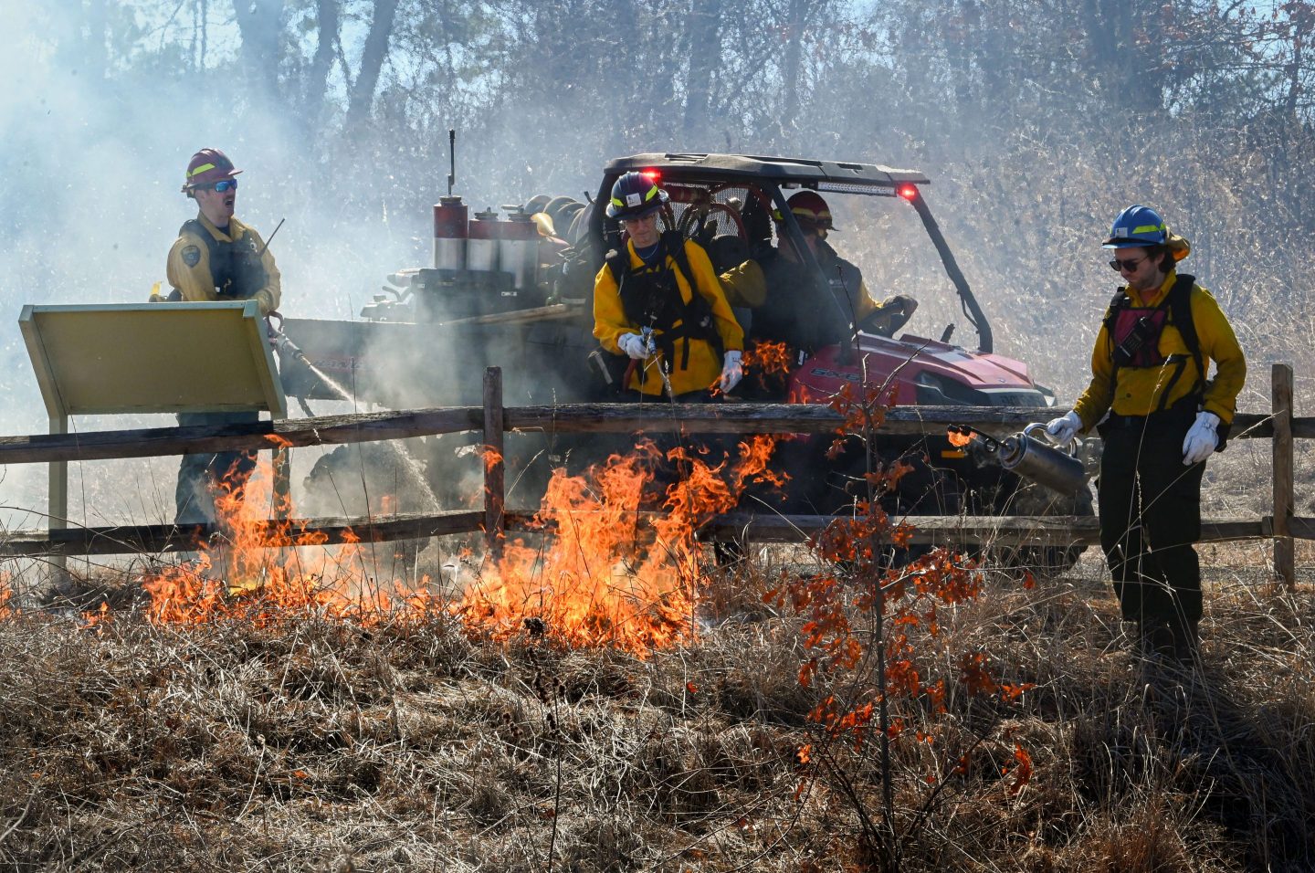 Wildland firefighters work as the Albany Pine Bush Preserve conducts a prescribed burn to burn off underbrush as part of the ongoing effort to eliminate the fuel for wildfires on Tuesday, March 18, 2025.
