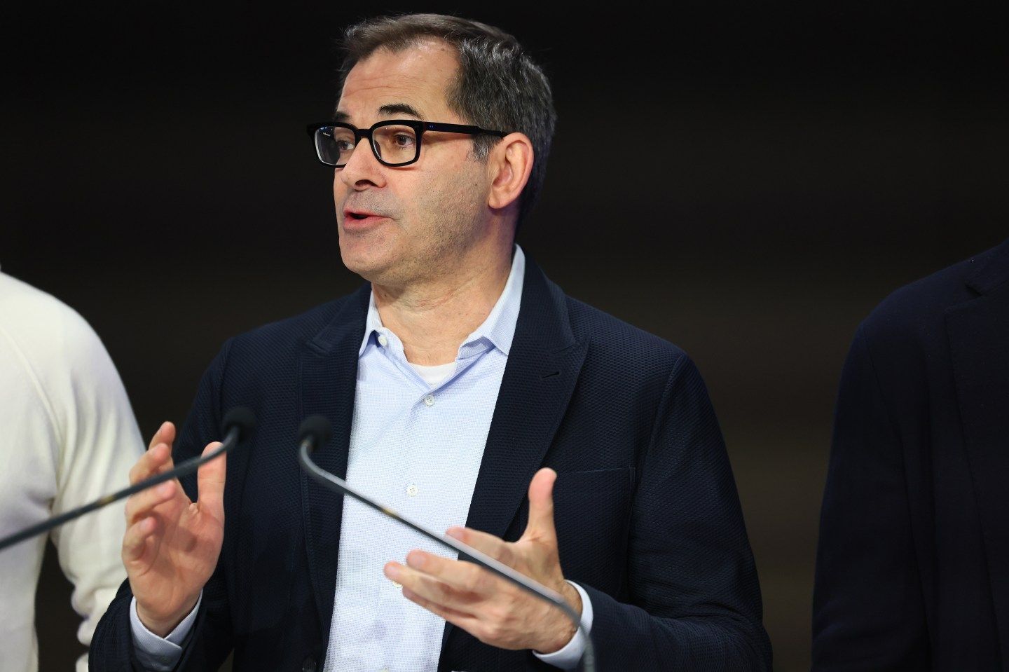 NEW YORK, NEW YORK - MARCH 28: Mike Intrator, Chief Executive Officer and founder of CoreWeave, speaks during the company's Initial Public Offering (IPO) at the Nasdaq headquarters on March 28, 2025 in New York City. Cloud Based Artificial Intelligence Computing Company CoreWeave had its IPO this morning with its shares listed at $40. The company provides access to Nvidia graphics processing units for artificial intelligence training and workloads. (Photo by Michael M. Santiago/Getty Images)