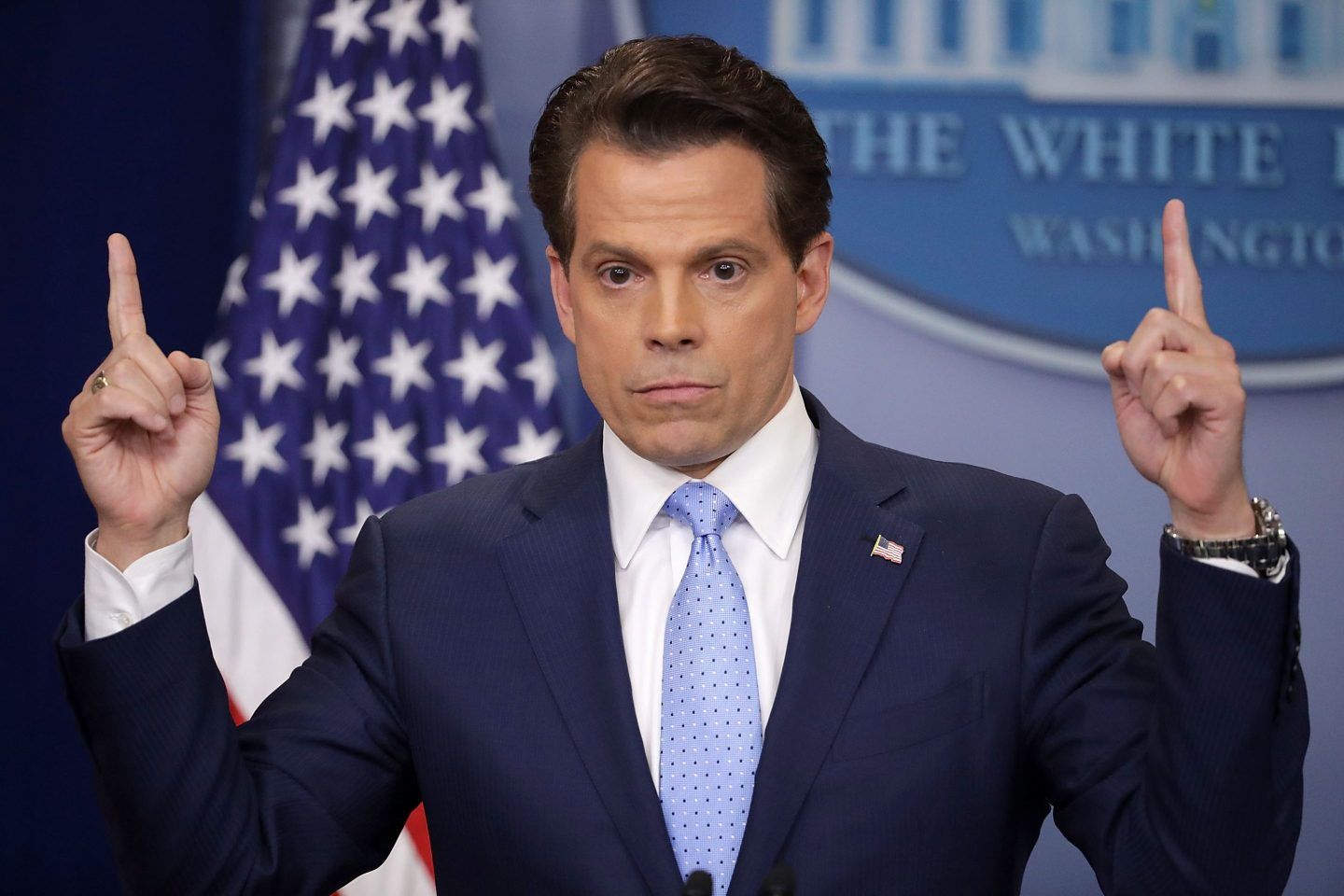 Anthony Scaramucci answers reporters' questions during the daily White House press briefing in the Brady Press Briefing Room at the White House July 21, 2017 in Washington, DC. White House Press Secretary Sean Spicer quit after it was announced that Trump hired Scaramucci, a Wall Street financier and longtime supporter, to the position of White House communications director.