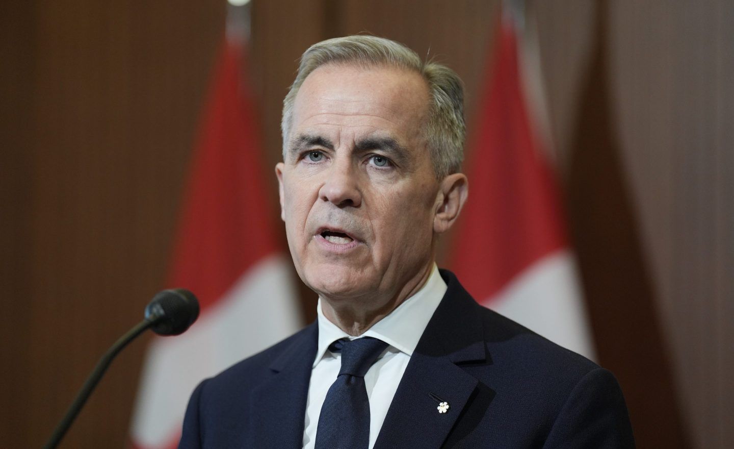 Canadian Prime Minister Mark Carney speaks about tariffs during a news conference on Parliament Hill in Ottawa on Thursday April 3, 2025.