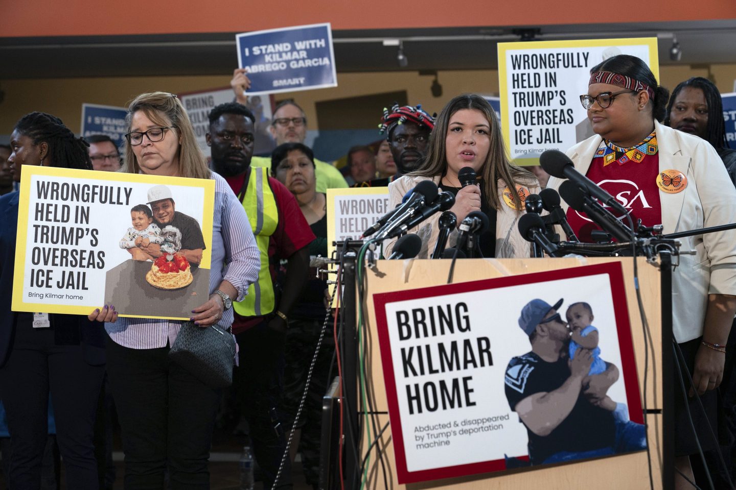 Jennifer Vasquez Sura, the wife of Kilmar Abrego Garcia of Maryland, who was mistakenly deported to El Salvador, speaks during a news conference at CASA's Multicultural Center in Hyattsville, Md., on April 4th.