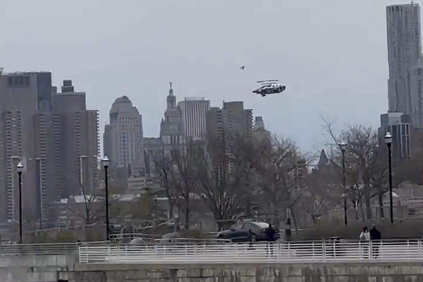 A New York Helicopter Tours chopper falls from the sky into the Hudson River, on April 10, 2025.
