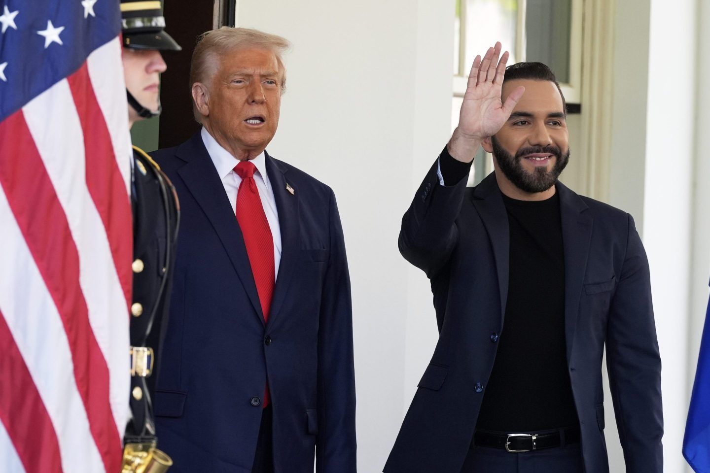 President Donald Trump greets El Salvador's President Nayib Bukele as he arrives at the West Wing of the White House, April 14, 2025, in Washington.