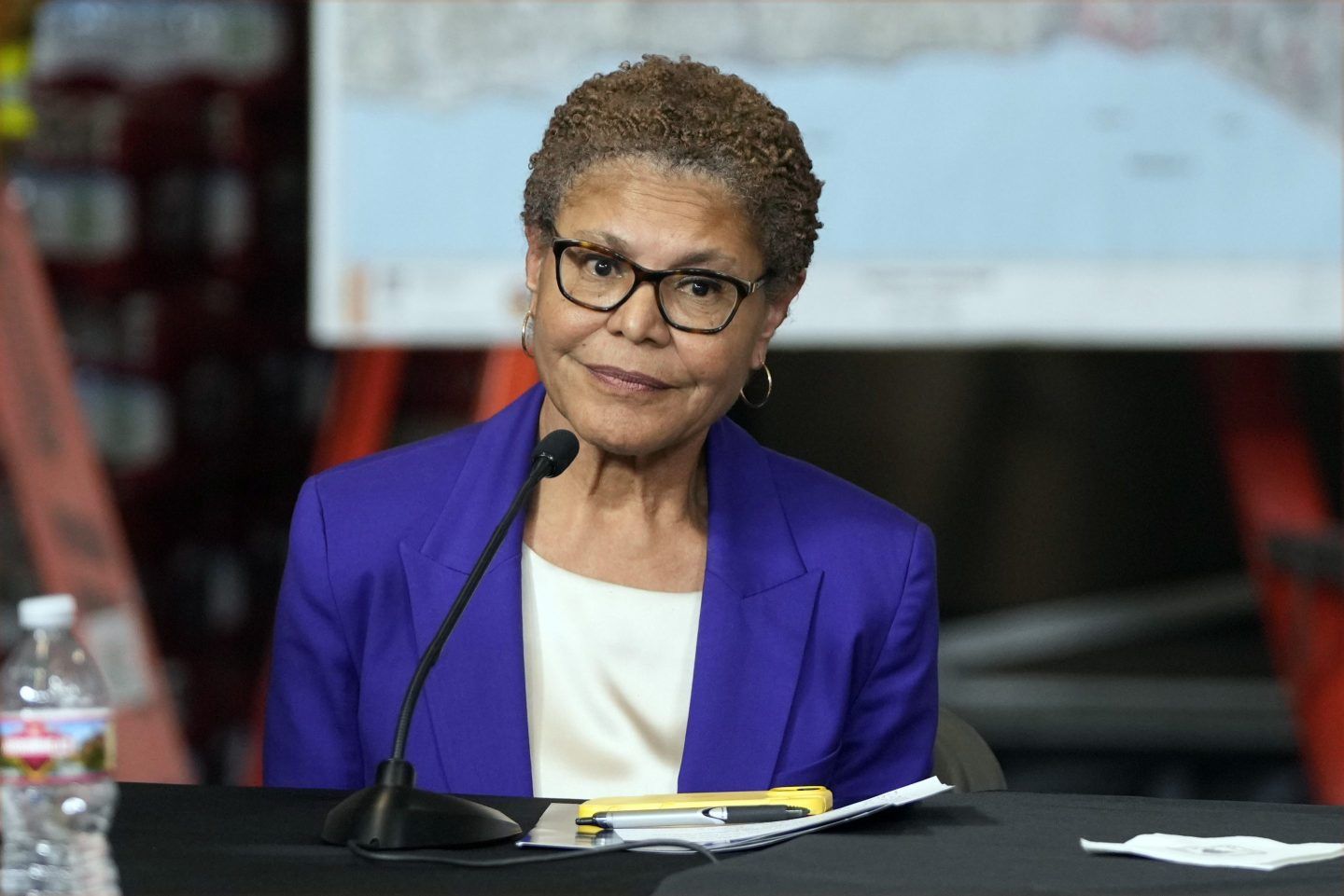 Los Angeles Mayor Karen Bass listens as President Donald Trump participates in a briefing in Los Angeles, Jan. 24, 2025.