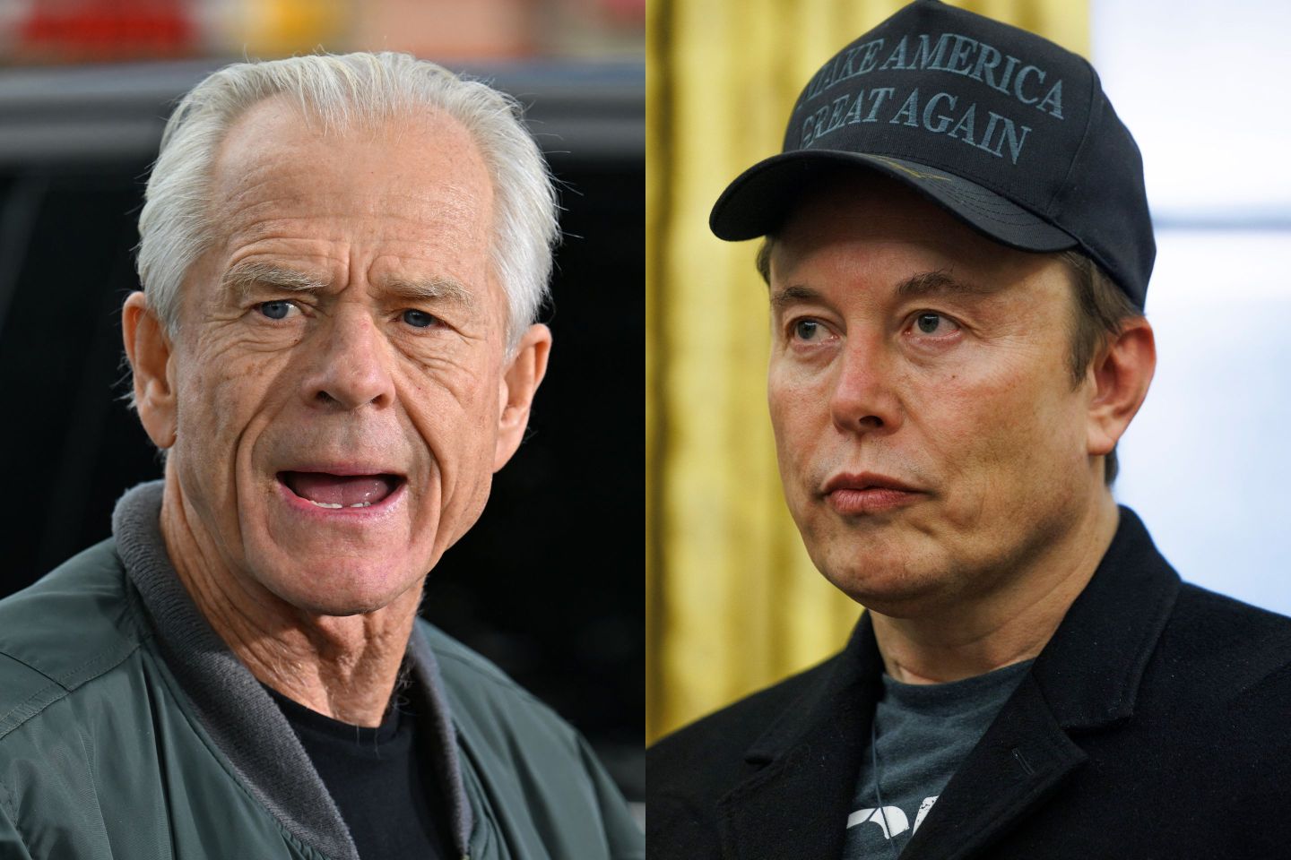 L-R: Peter Navarro, a Trump trade advisor, and Elon Musk, Tesla CEO and DOGE boss.