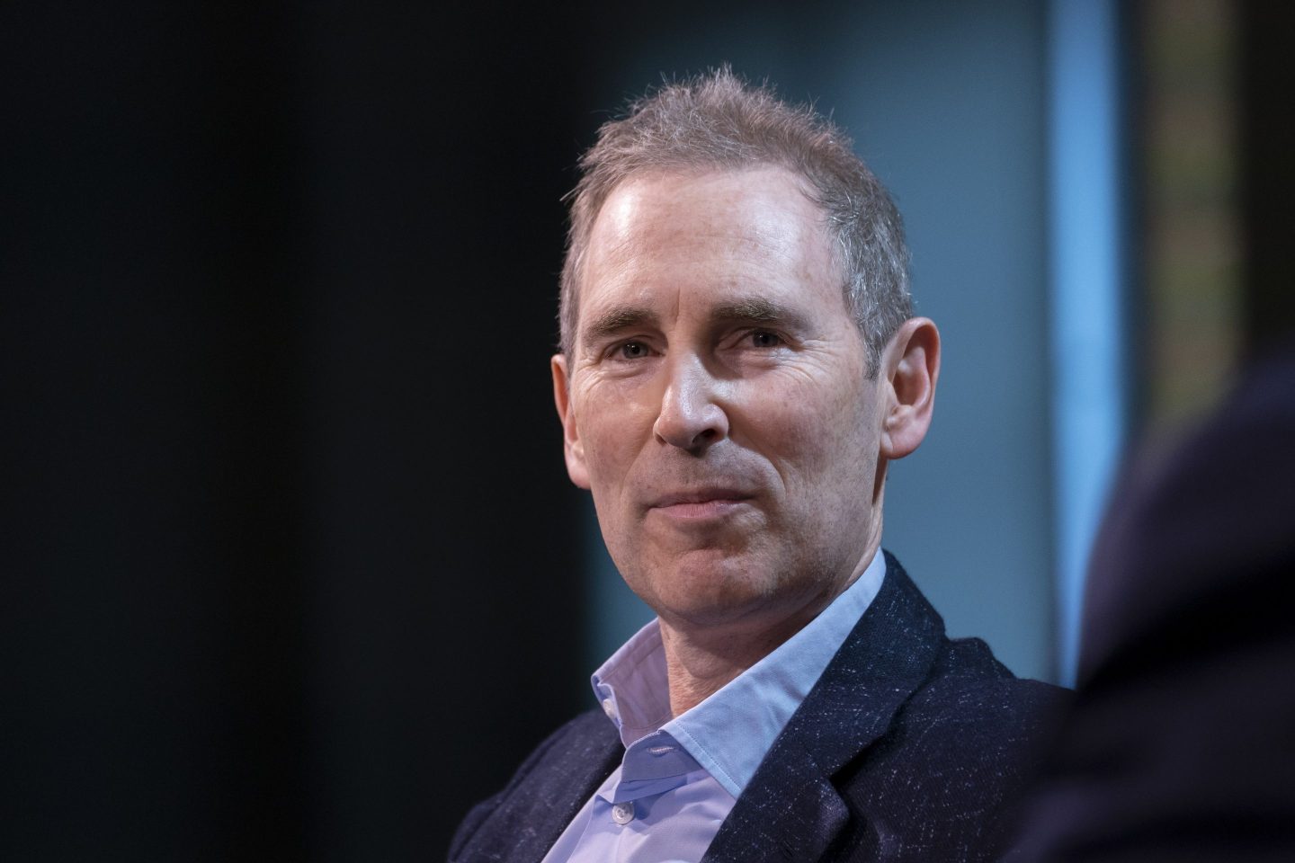A headshot of Andy Jassy during an onstage interview