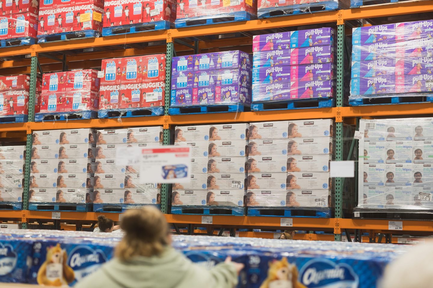 Diapers on shelves during the grand opening of a Costco Wholesale store in Kyle, Texas, US, on Thursday, March 30, 2023.