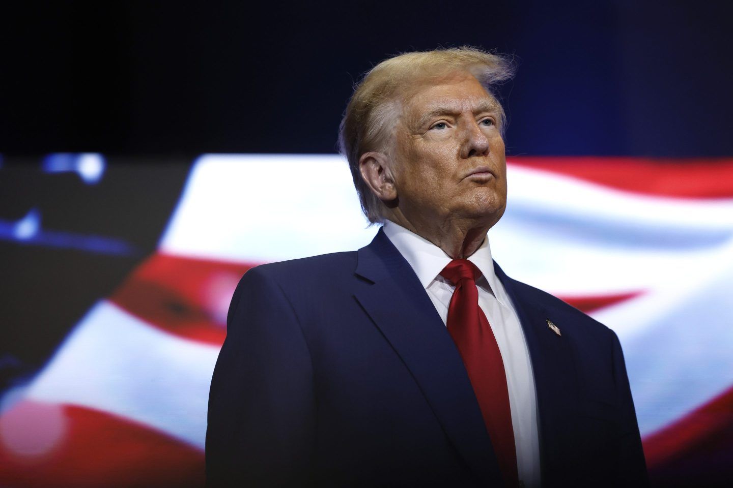 Republican presidential nominee, former U.S. President Donald Trump looks on during a roundtable with faith leaders at Christ Chapel on October 23, 2024 in Zebulon, Georgia.