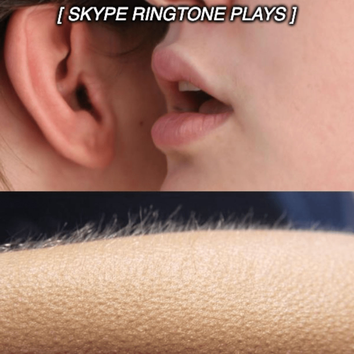 A meme of a person whispering "Skype ringstone plays" into another's ear and them getting goosebumps