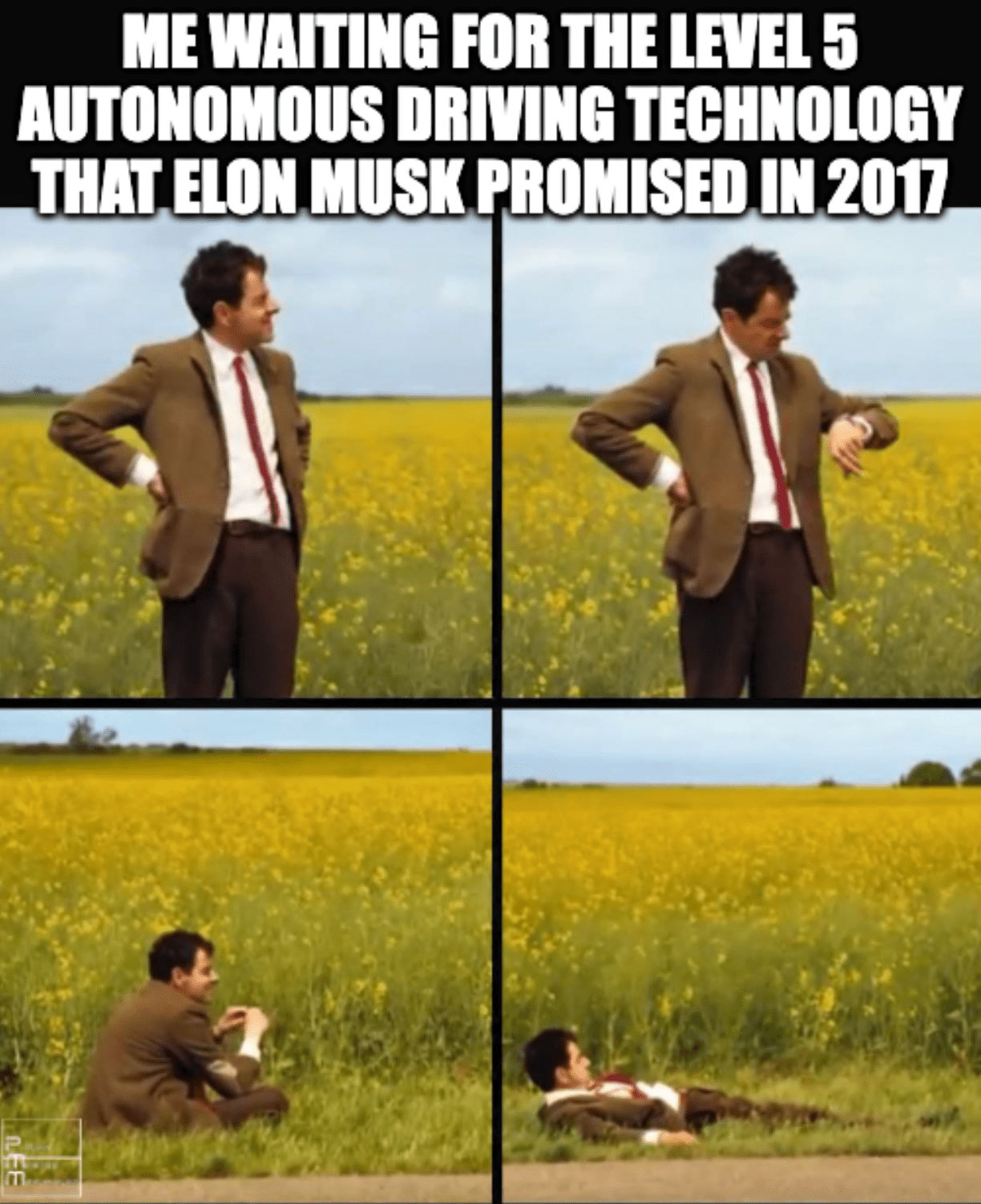 A meme of the character Mr. Bean waiting in a field with the caption, "Me waiting for the Level 5 autonomous driving technology that Elon Musk promised in 2017"