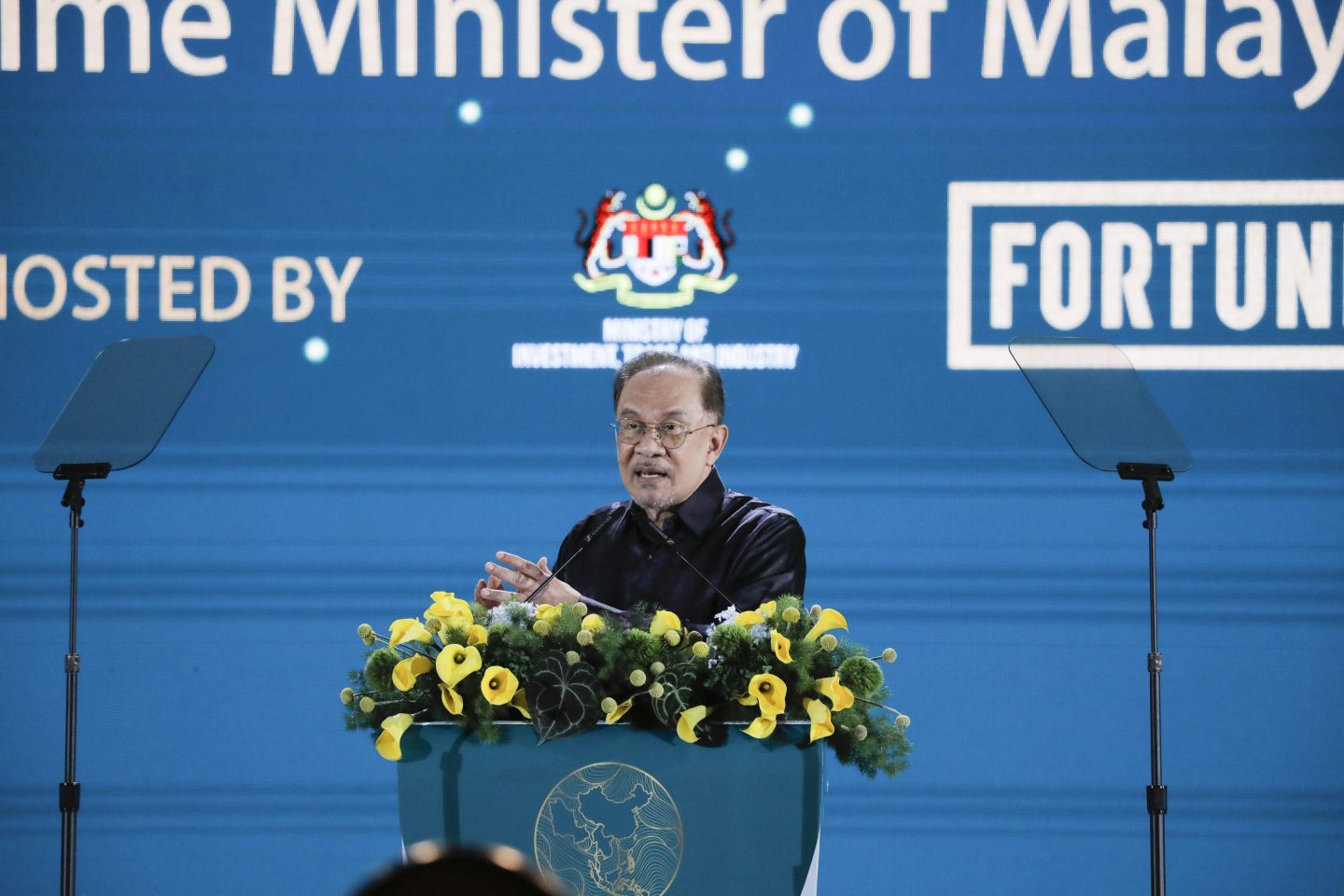 Malaysia Prime Minister Anwar Ibrahim delivers remarks at the Coins2Day ASEAN-GCC-China Economic Forum on May 27.