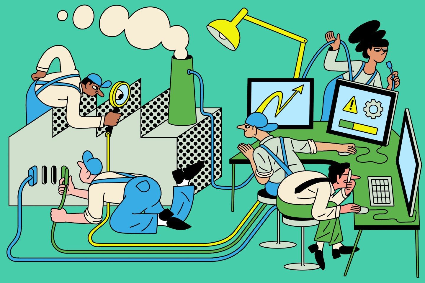 Illustration of workers both in the office and out in the field