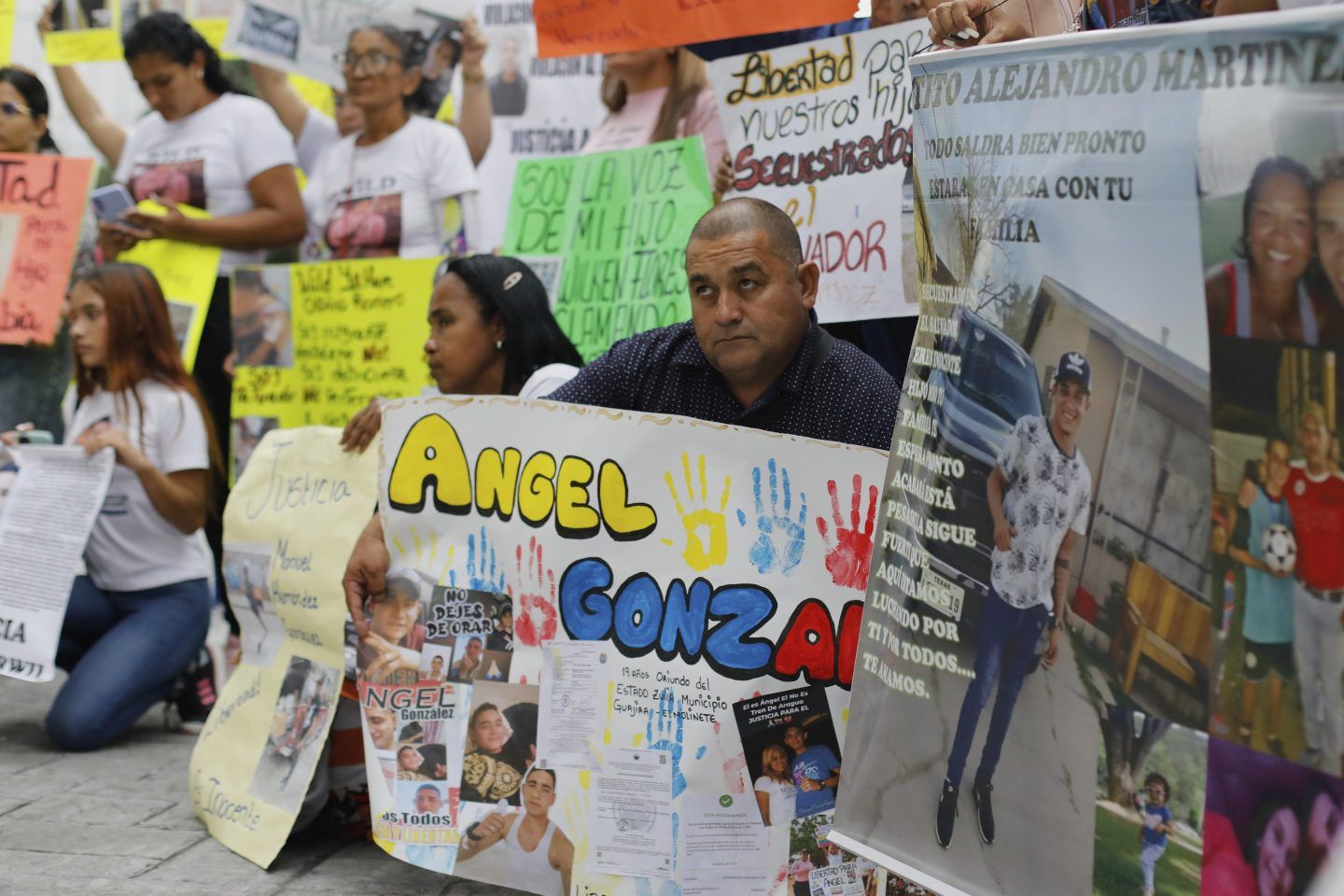 Relatives of Venezuelan migrants in the U.S. who were flown to a prison in El Salvador by the U.S. government, protest outside the United Nations building in Caracas, on April 22, 2025.