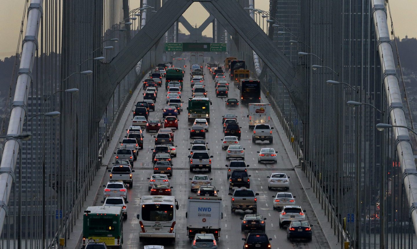Cars in traffic on a bridge