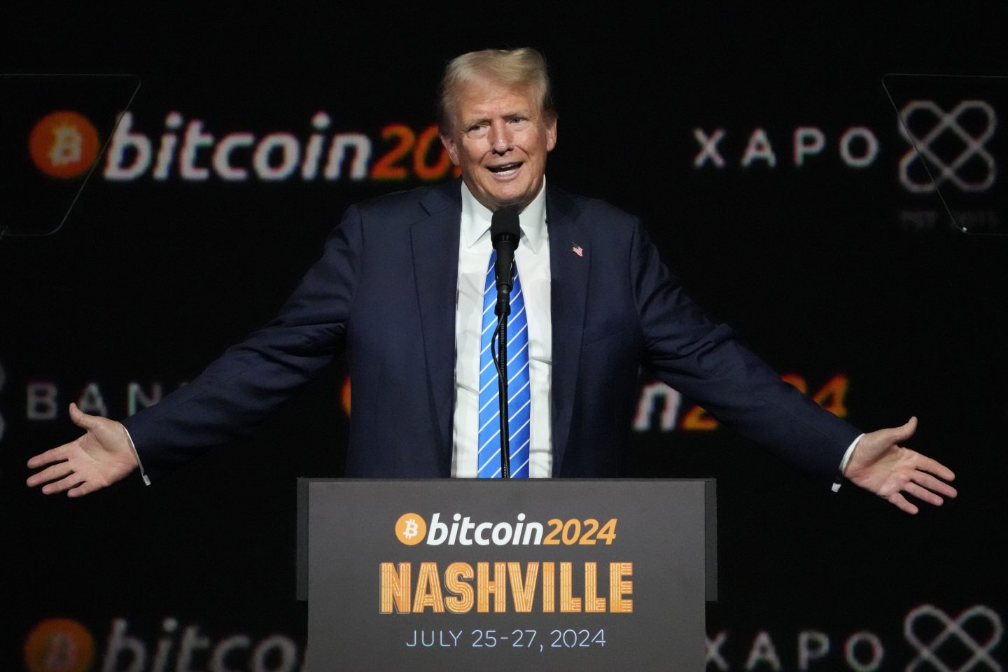 Then Former President Donald Trump speaks at the Bitcoin 2024 Conference, July 27, 2024, in Nashville.