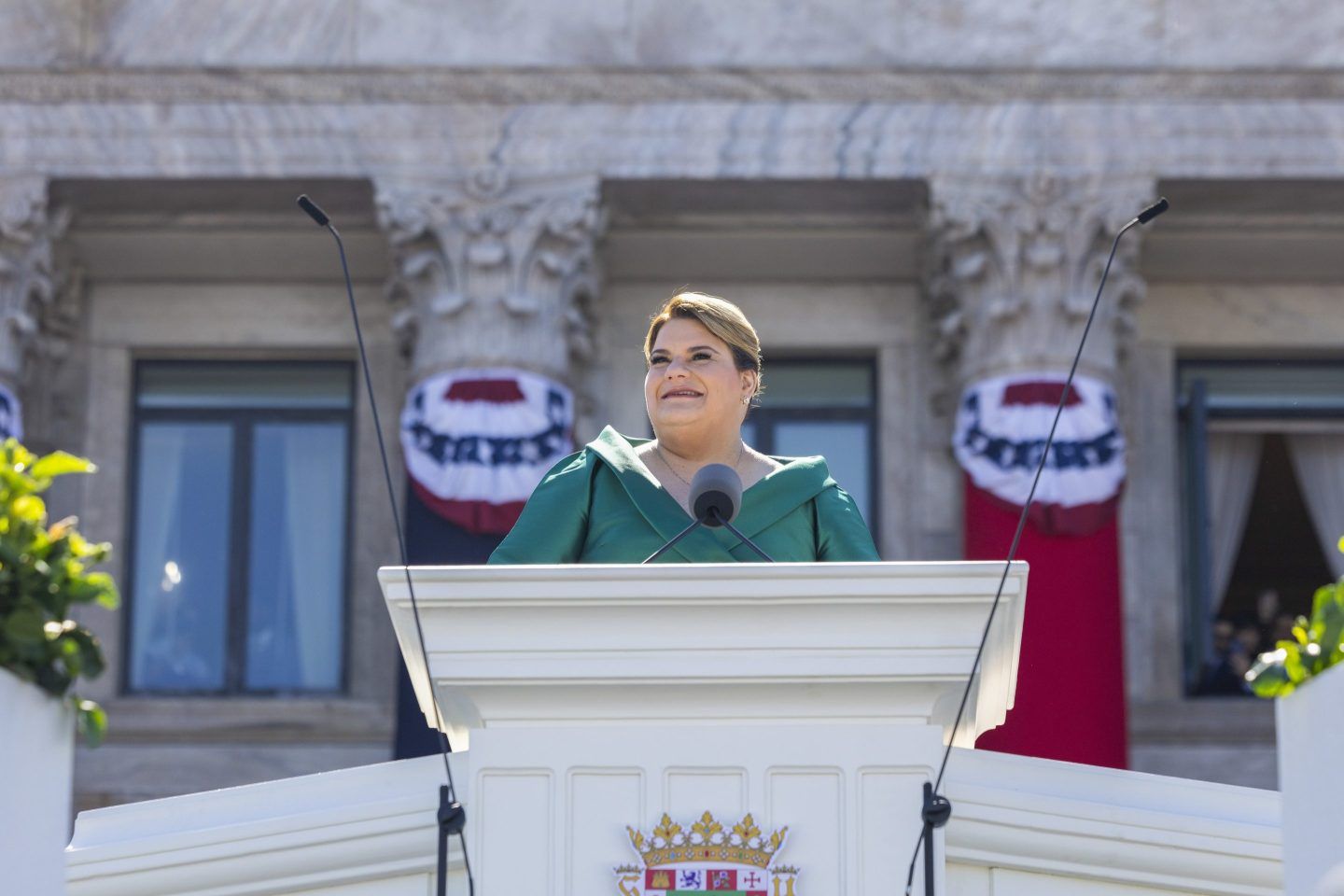 Jenniffer Gonzalez speaks after she was sworn in as governor outside the Capitol in San Juan, Puerto Rico, Jan. 2, 2025.