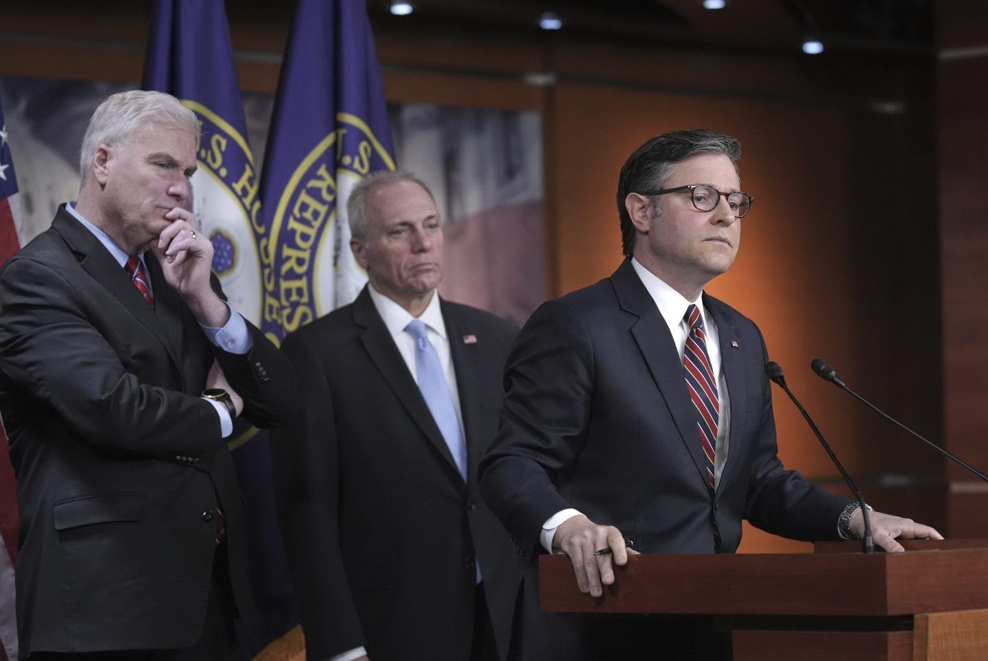 Speaker of the House Mike Johnson, R-La., joined from left by House Majority Whip Tom Emmer, R-Minn., and House Majority Leader Steve Scalise, R-La., talks to reporters at the Capitol in Washington, April 8, 2025.