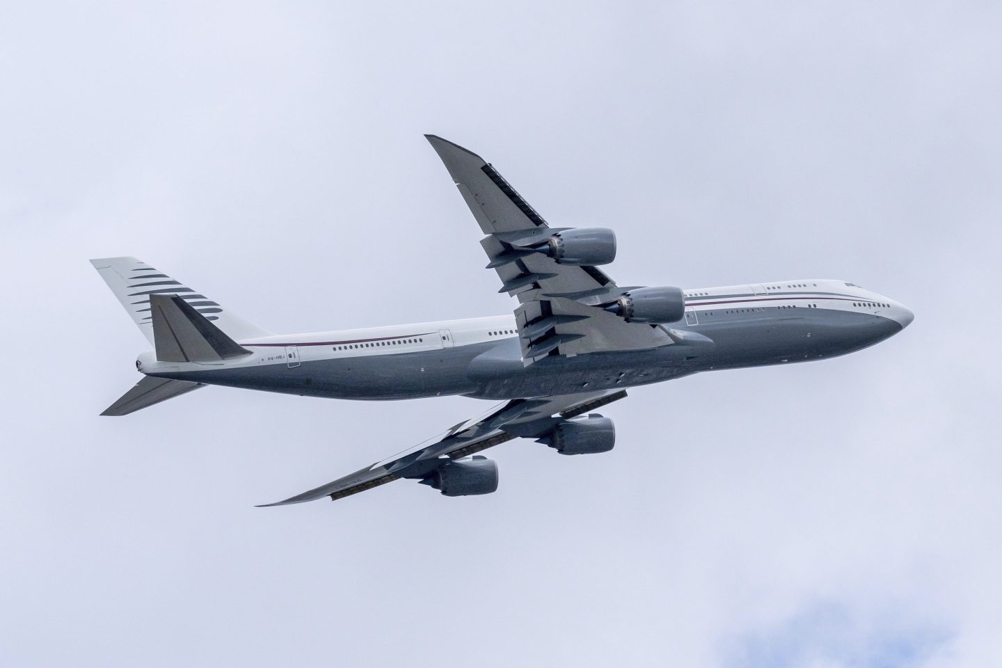 A 13-year-old private Boeing aircraft that President Donald Trump toured to check out new hardware and technology features, and highlight the aircraft maker's delay in delivering updated versions of the Air Force One presidential aircraft, takes off from Palm Beach International Airport, Feb. 16, 2025, in West Palm Beach, Fla.