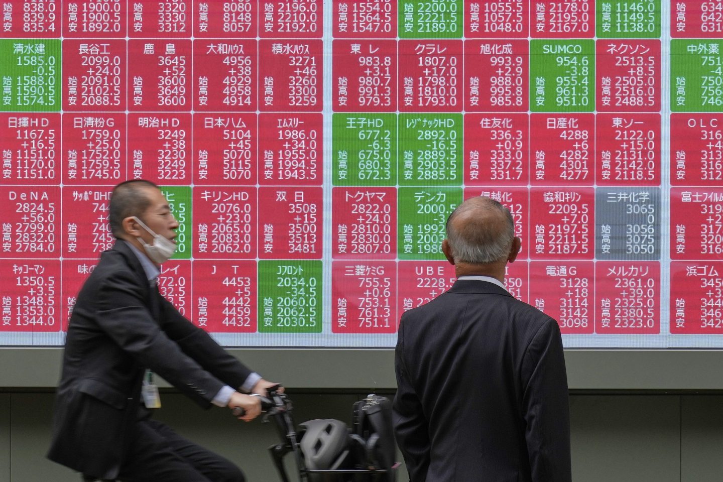 A person looks at an electronic stock board showing Japan's Nikkei index at a securities firm, on May 26, 2025, in Tokyo. 