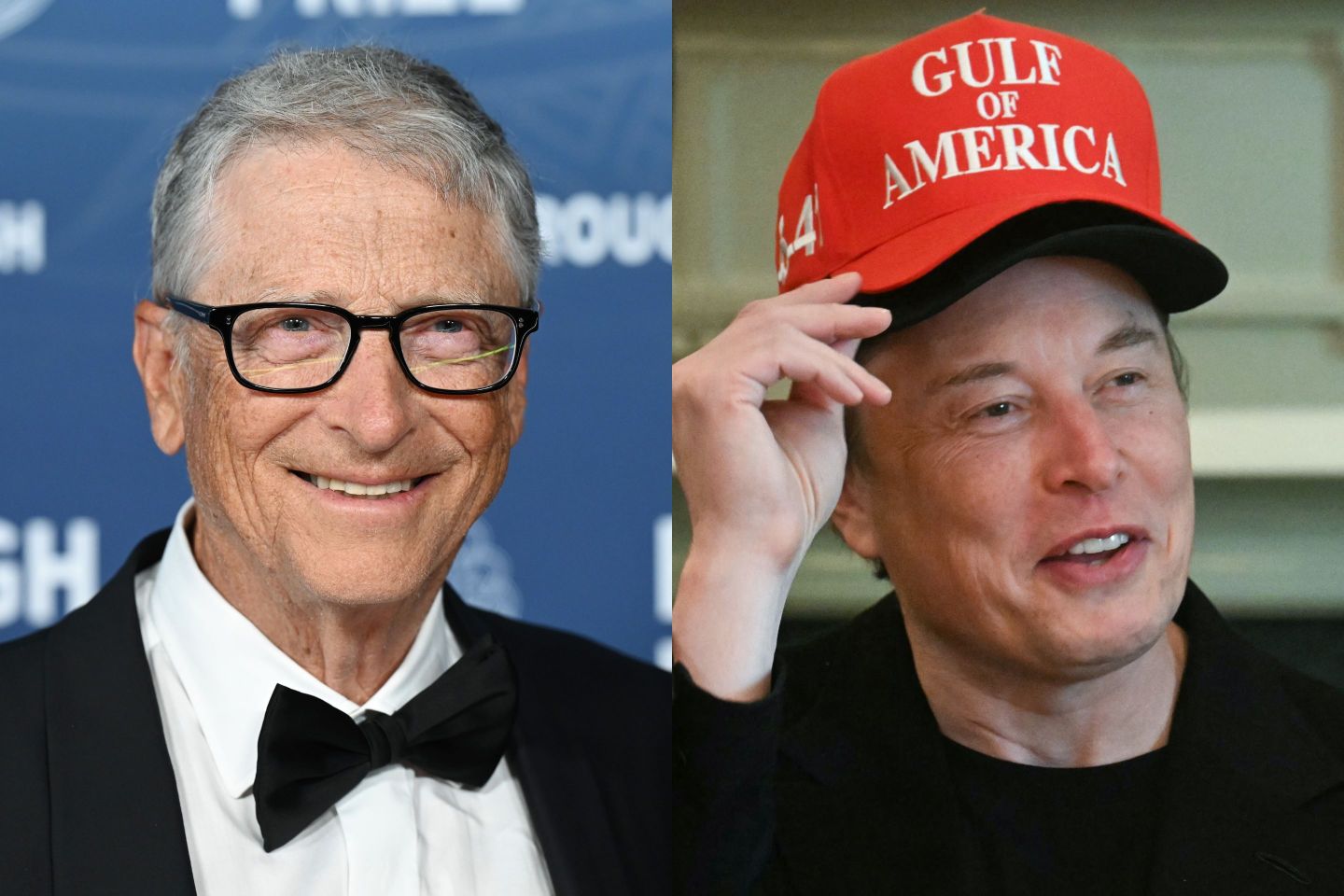 Left: Bill Gates at The 11th Breakthrough Prize Ceremony held at Barker Hanger on April 05, 2025 in Santa Monica, California. (Photo by Gilbert Flores/Variety via Getty Images) Right: Elon Musk, wearing two hats, speaks during a cabinet meeting in the Cabinet Room of the White House in Washington, DC, on April 30, 2025. (Photo by Jim WATSON / AFP) (Photo by JIM WATSON/AFP via Getty Images)