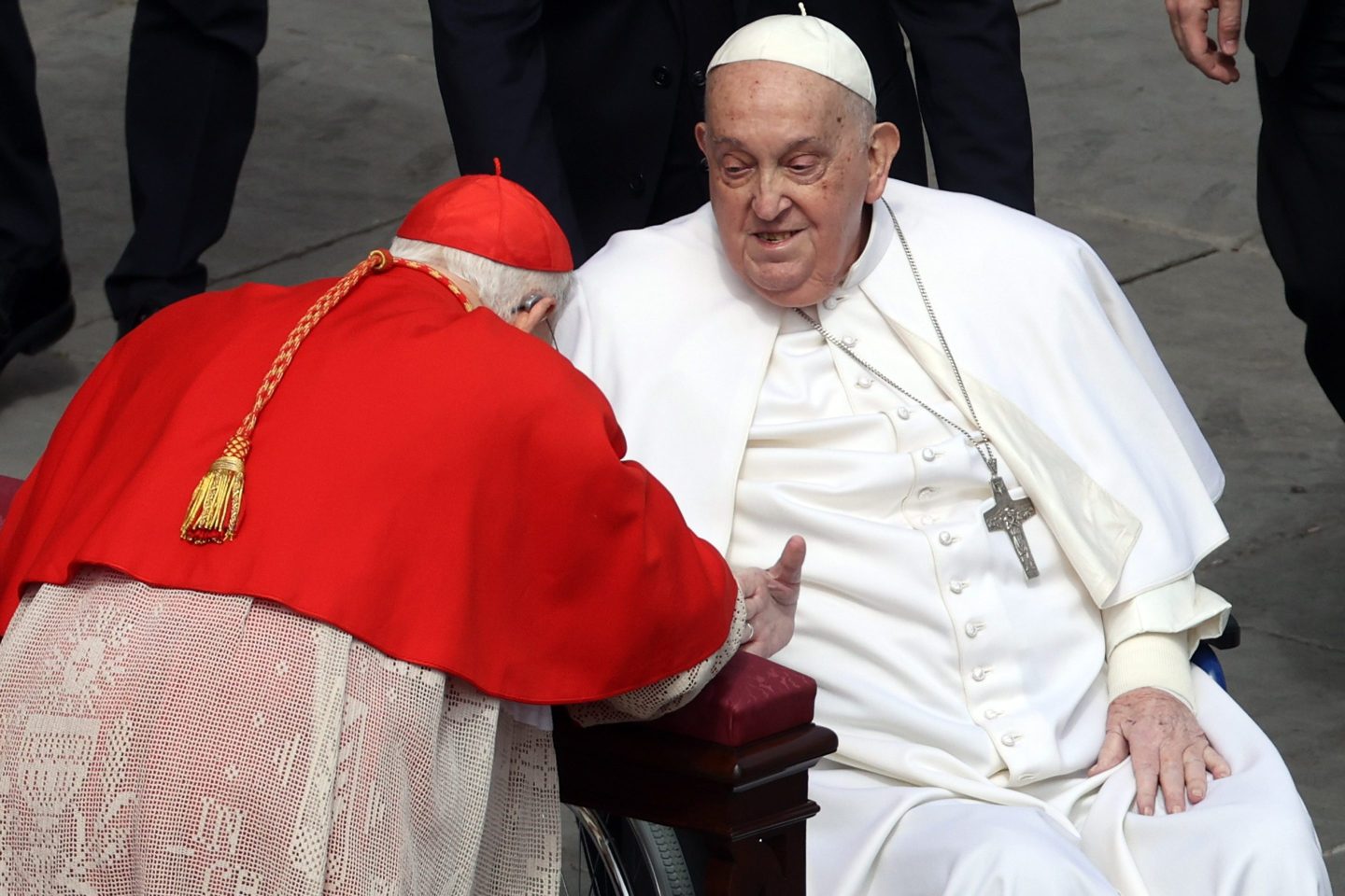 Pope Francis arrives in the churchyard to greet the faithful at the end of the Holy Mass on Palm Sunday for the beginning of the Holy Week of Easter in St. Peter’s Square in Vatican City. 