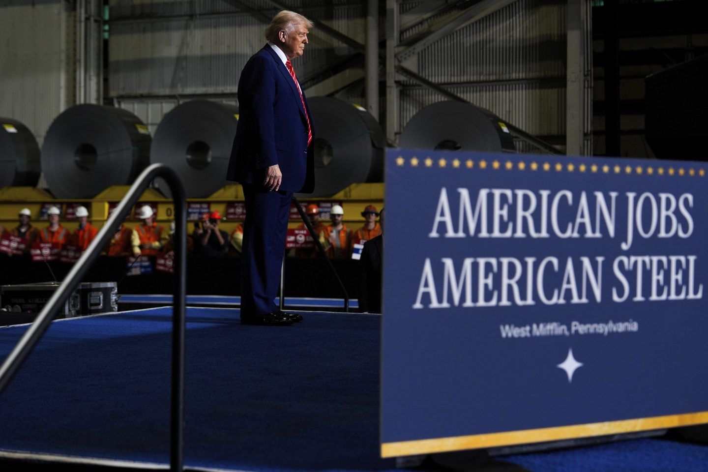 President Donald Trump arrives to speak at U.S. Steel Corporation's Mon Valley Works-Irvin plant, on May 30, 2025, in West Mifflin, Pa.