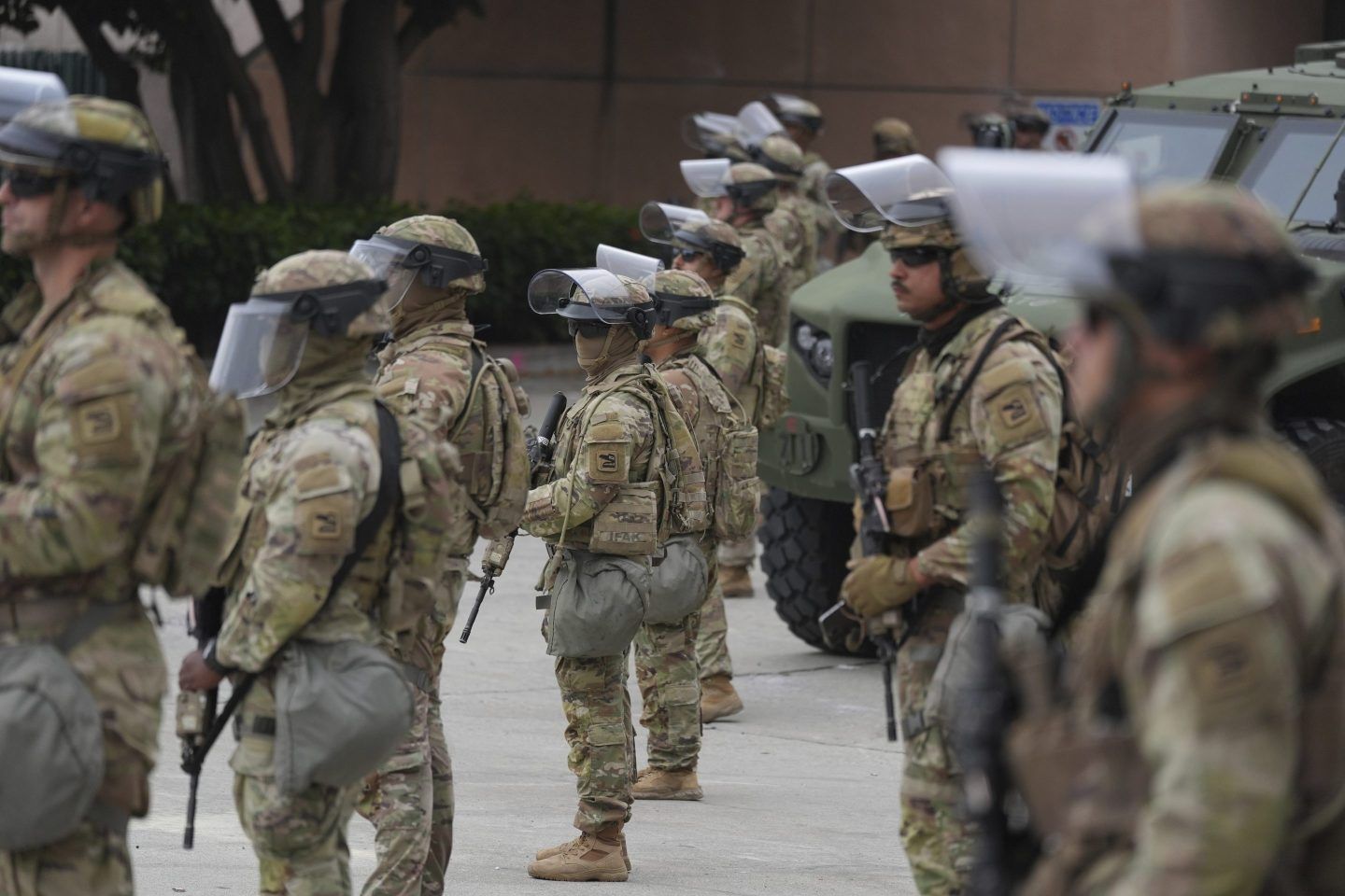 National Guard troops are deployed outside the federal prison in downtown Los Angeles on Sunday.
