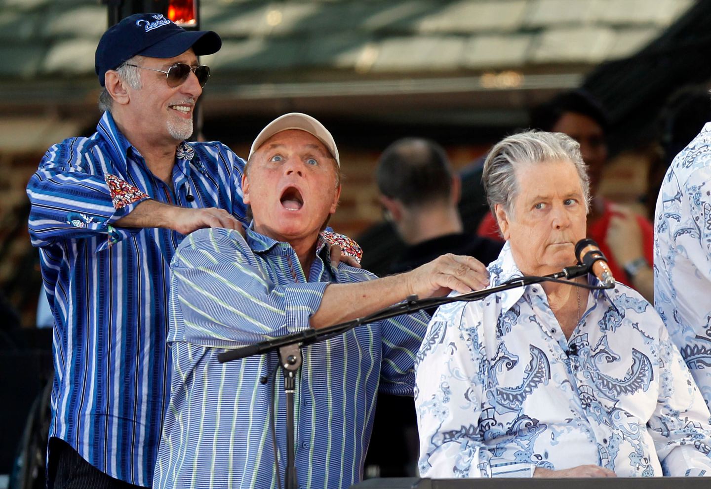 Original members of The Beach Boys, from left, David Marks, Bruce Johnston and Brian Wilson appear onstage during ABC's "Good Morning America" summer concert series, June 15, 2012, in New York.