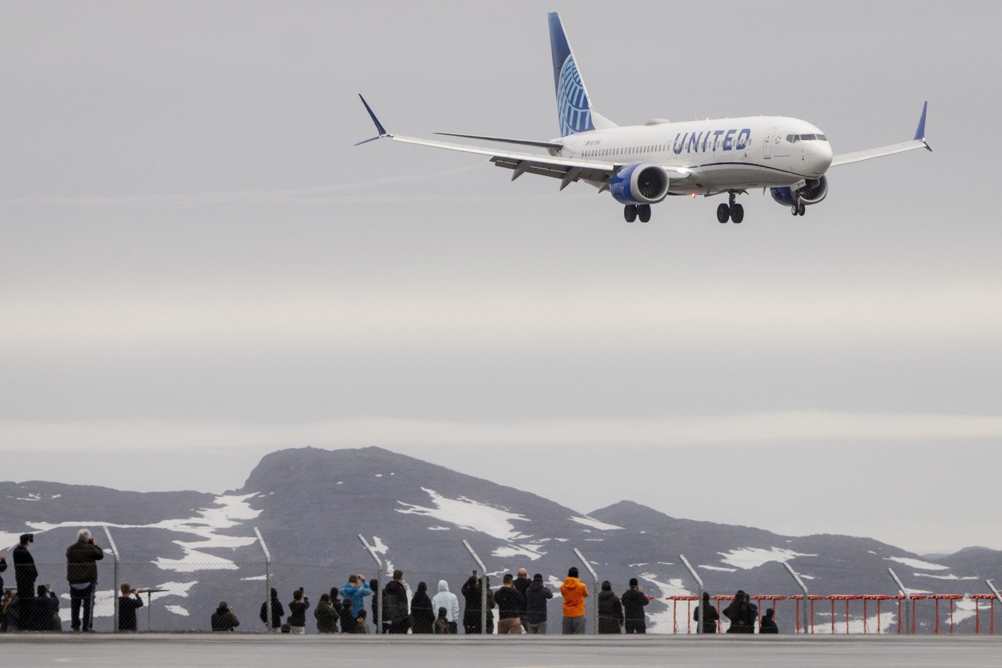 The first direct scheduled flight from Newark in the USA to Nuuk lands at the airport in Nuuk, Greenland, on Saturday, June 14, 2025.