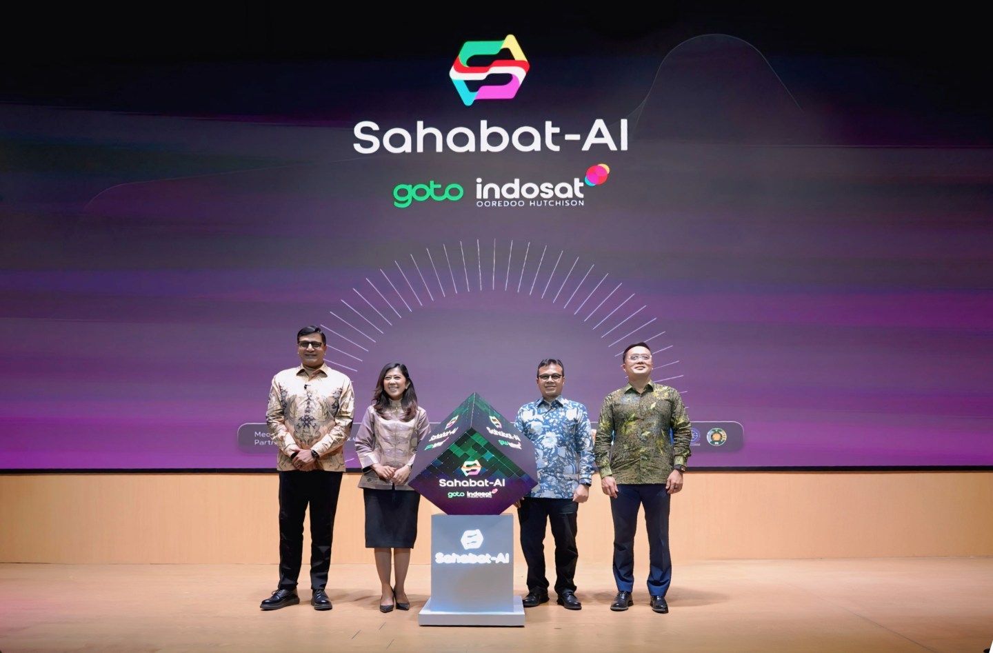 Indosat's CEO Vikram Sinha (first from left) and GoTo's CEO Patrick Walujo (first from right) at at the launch of Sahabat AI's consumer chatbot at the National Museum in Jakarta on June 2, 2025.