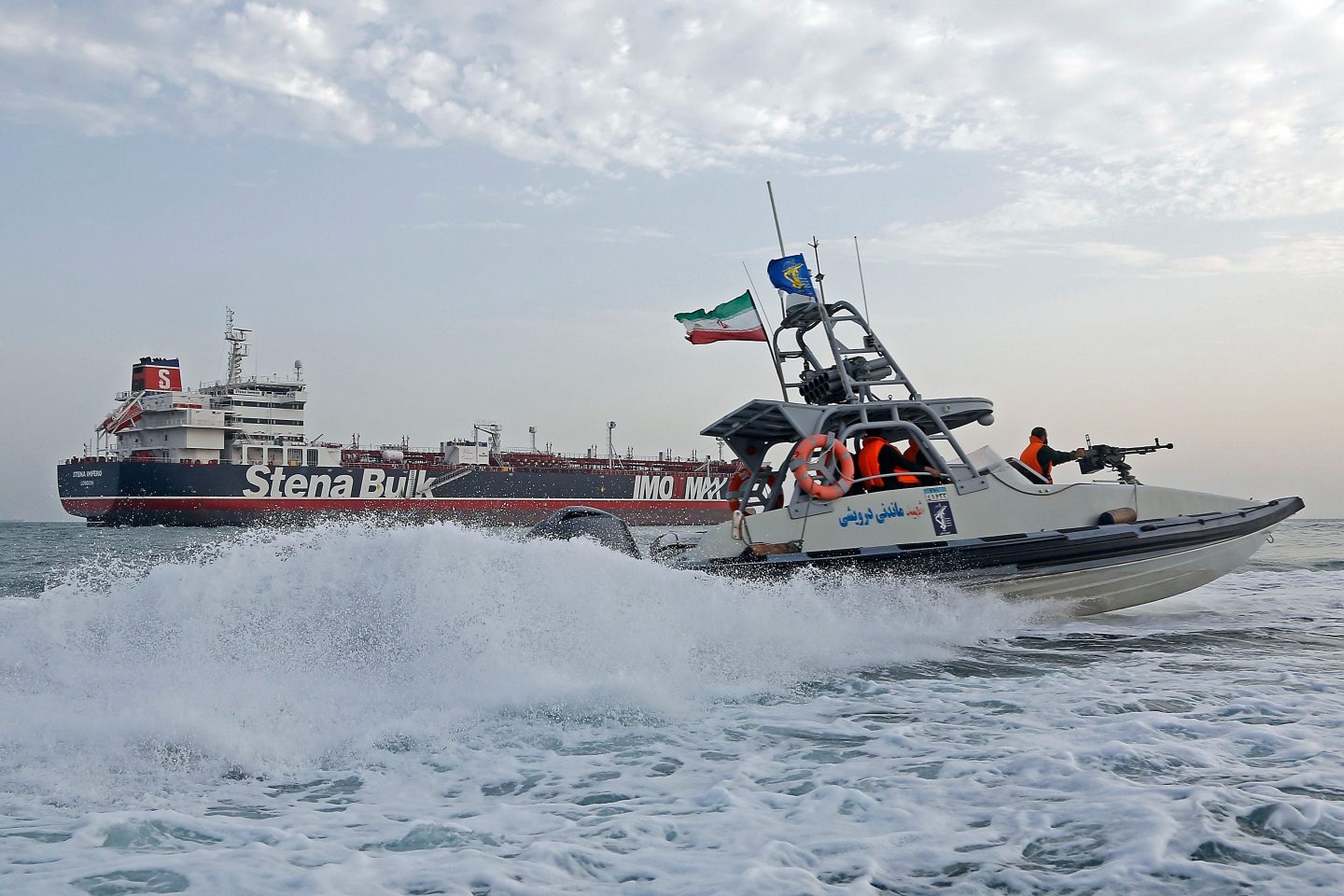 Iranian Revolutionary Guards patrolling around the British-flagged oil tanker Stena Impero in 2019 after seizing it in the Strait of Hormuz.