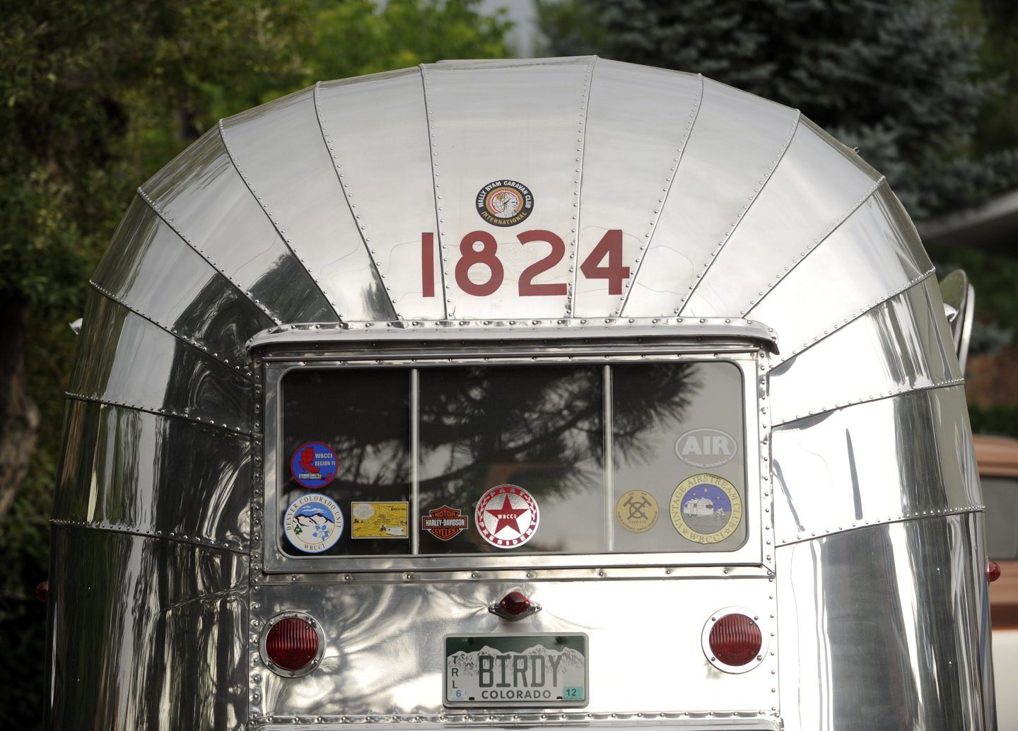 A restored 1956 Airstream Safari trailer.