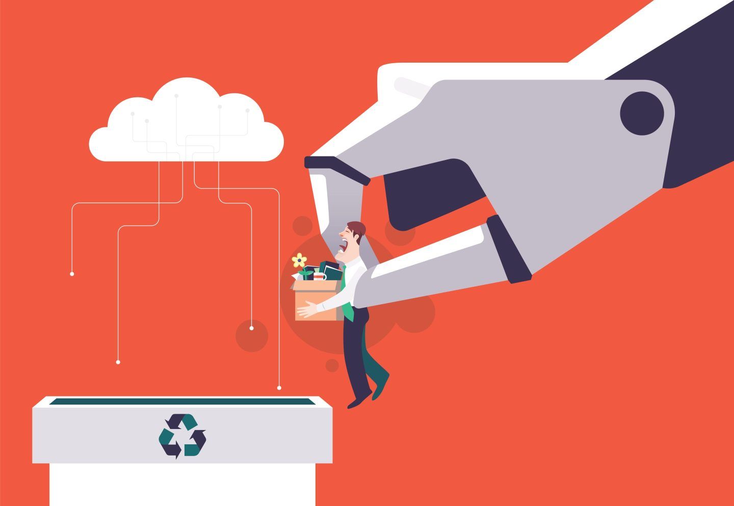 robotic hand carrying sacked businessman to recycle bin