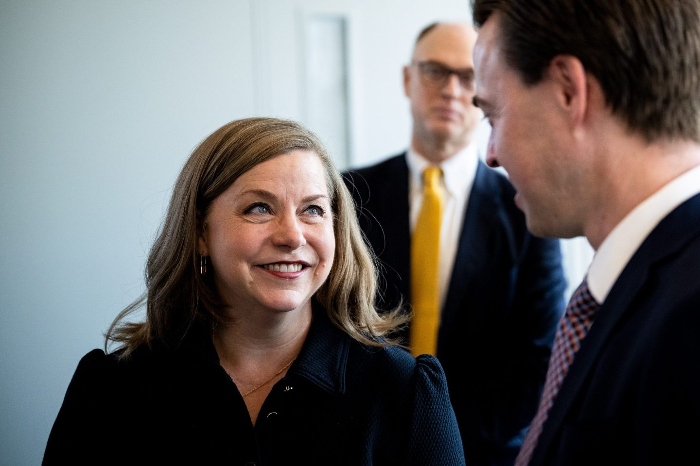 Michelle Bowman, incoming vice chair for supervision at the Federal Reserve, left, and Jonathan McKernan, under secretary of the Treasury for domestic finance nominee for President Donald Trump, during an event at Georgetown University in Washington, DC, on June 6, 2025. 