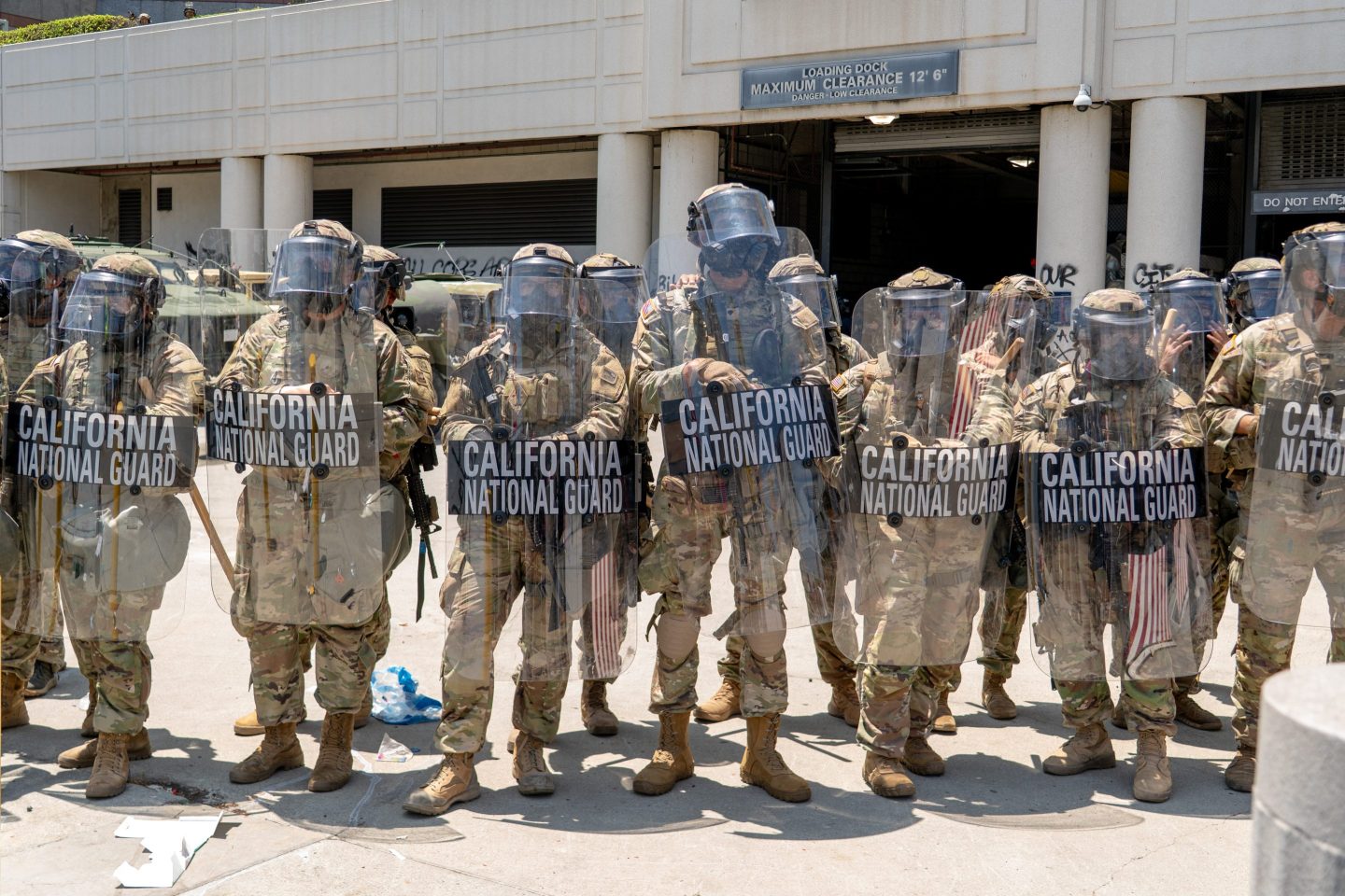 National Guard soldiers outside the Edward R. Roybal Federal Building in Los Angeles on Sunday.