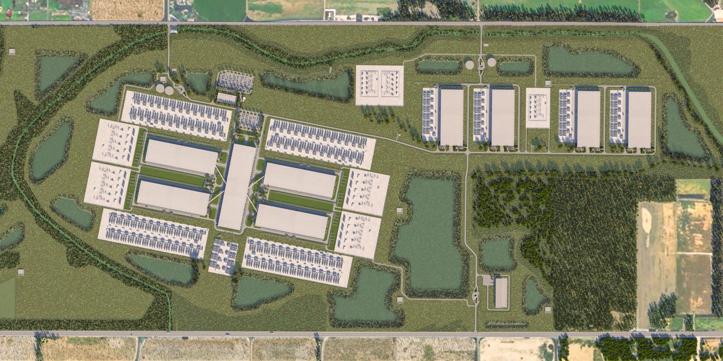 The rendering of Meta's planned data center complex in Richland Parish shows a massive arrive of facilities to power the AI boom.