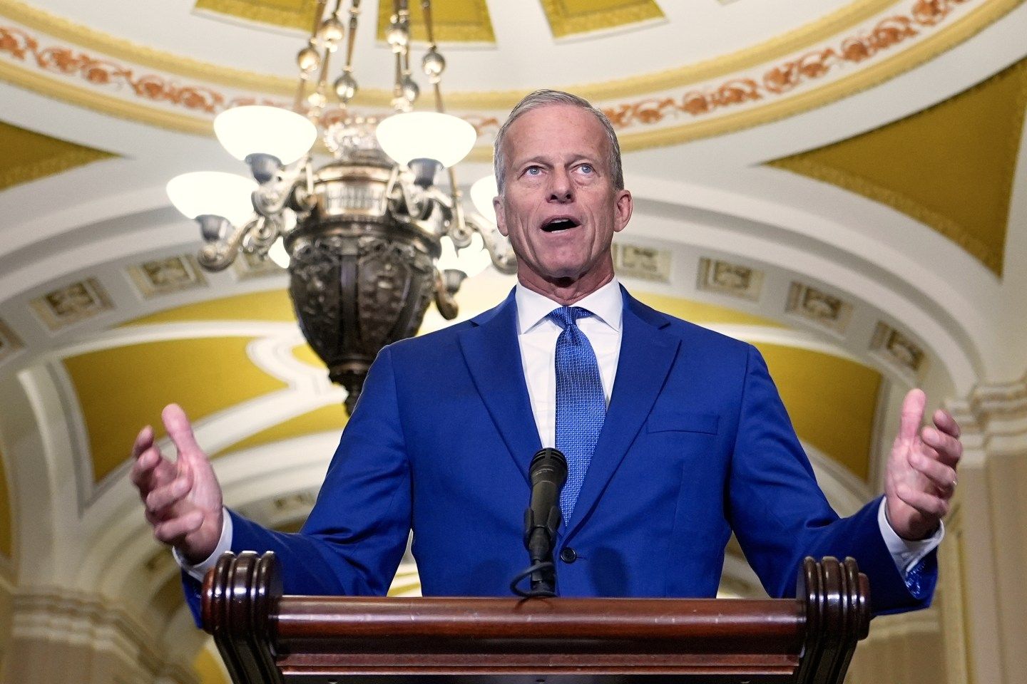 Sen. Majority Leader John Thune, R-S.D., talks after a policy luncheon on July 9, 2025, at the Capitol in Washington. 