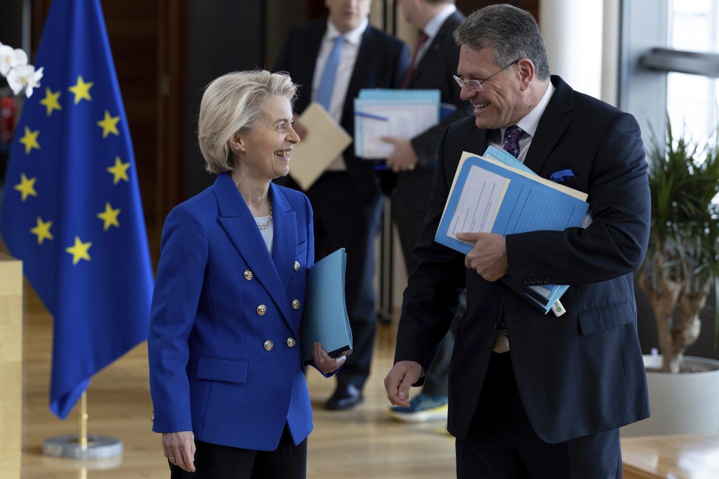 European Commission President Ursula von der Leyen and European Commissioner for Trade and Economic Security Maros Sefcovic at EU headquarters in Brussels on April 9.