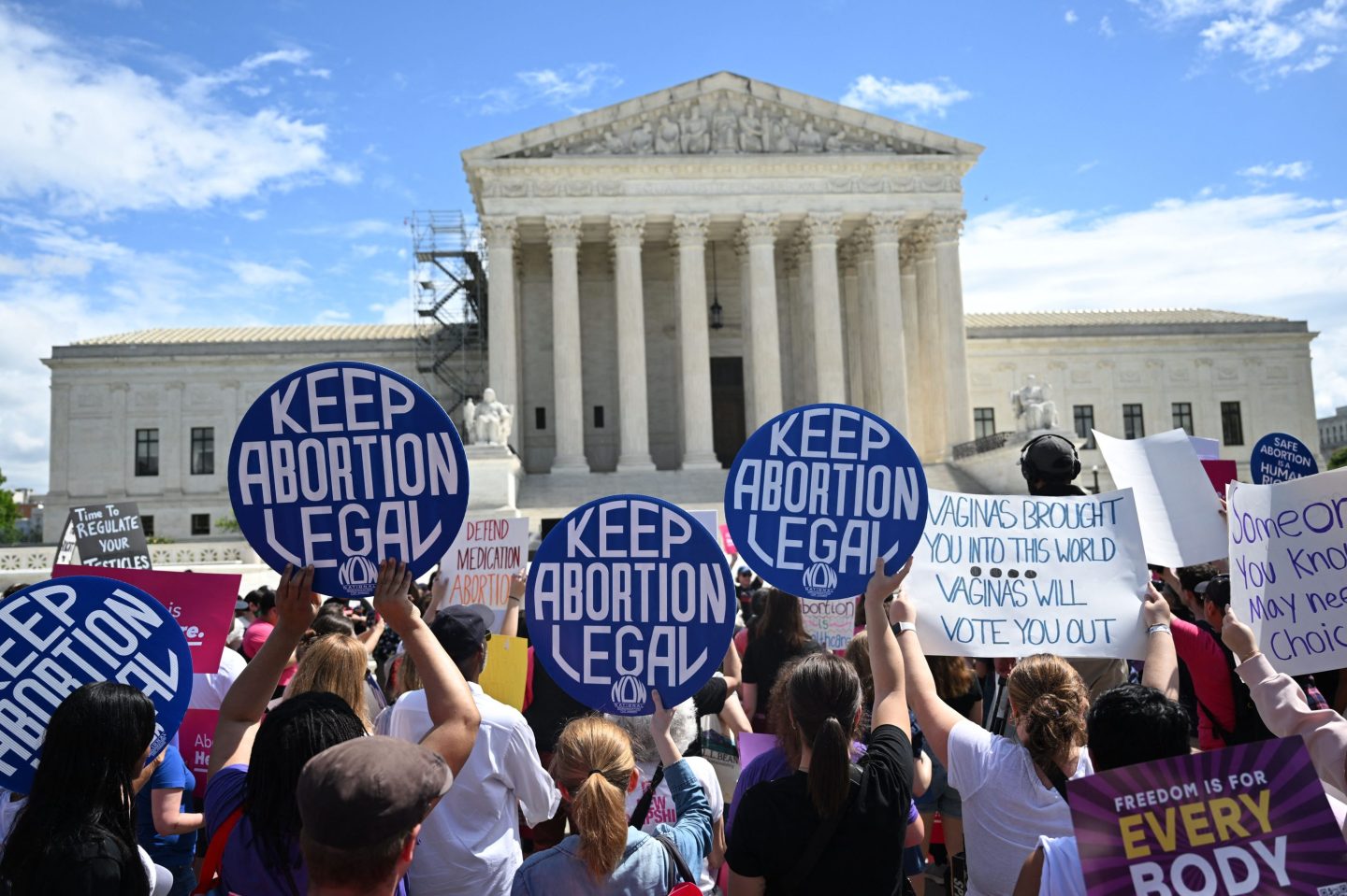 Demonstrators rally in support of abortion rights at the US Supreme Court in Washington, DC, April 15, 2023.