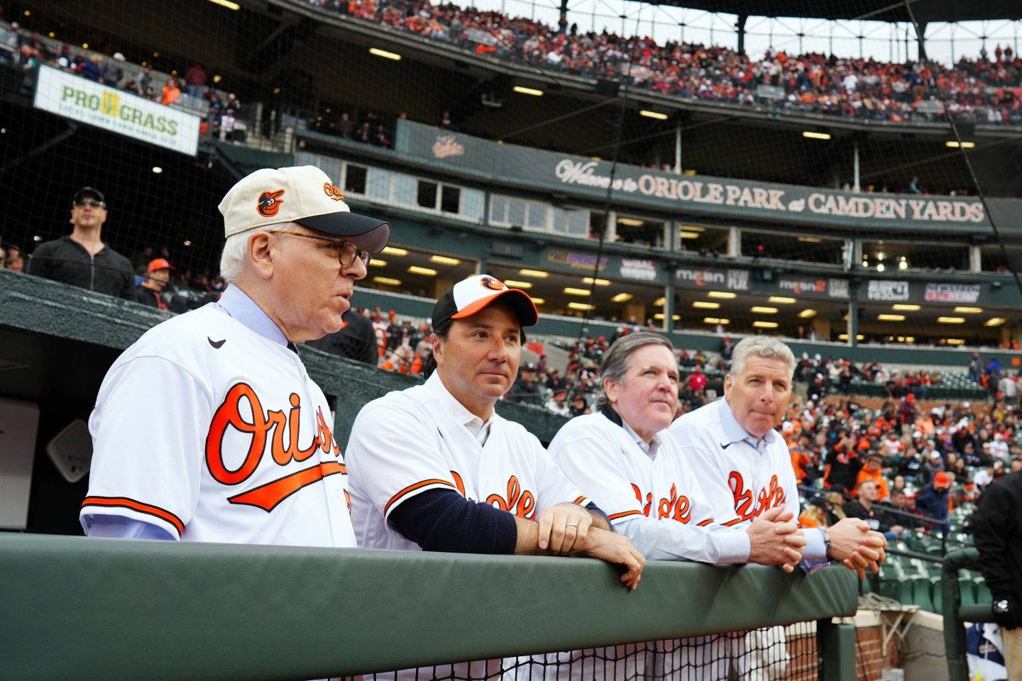 The new Baltimore Orioles ownership group, with David Rubinstein alongside three executives from Ares Management: Michael Arougheti, Michael Smith, and Mitchell Goldstein.