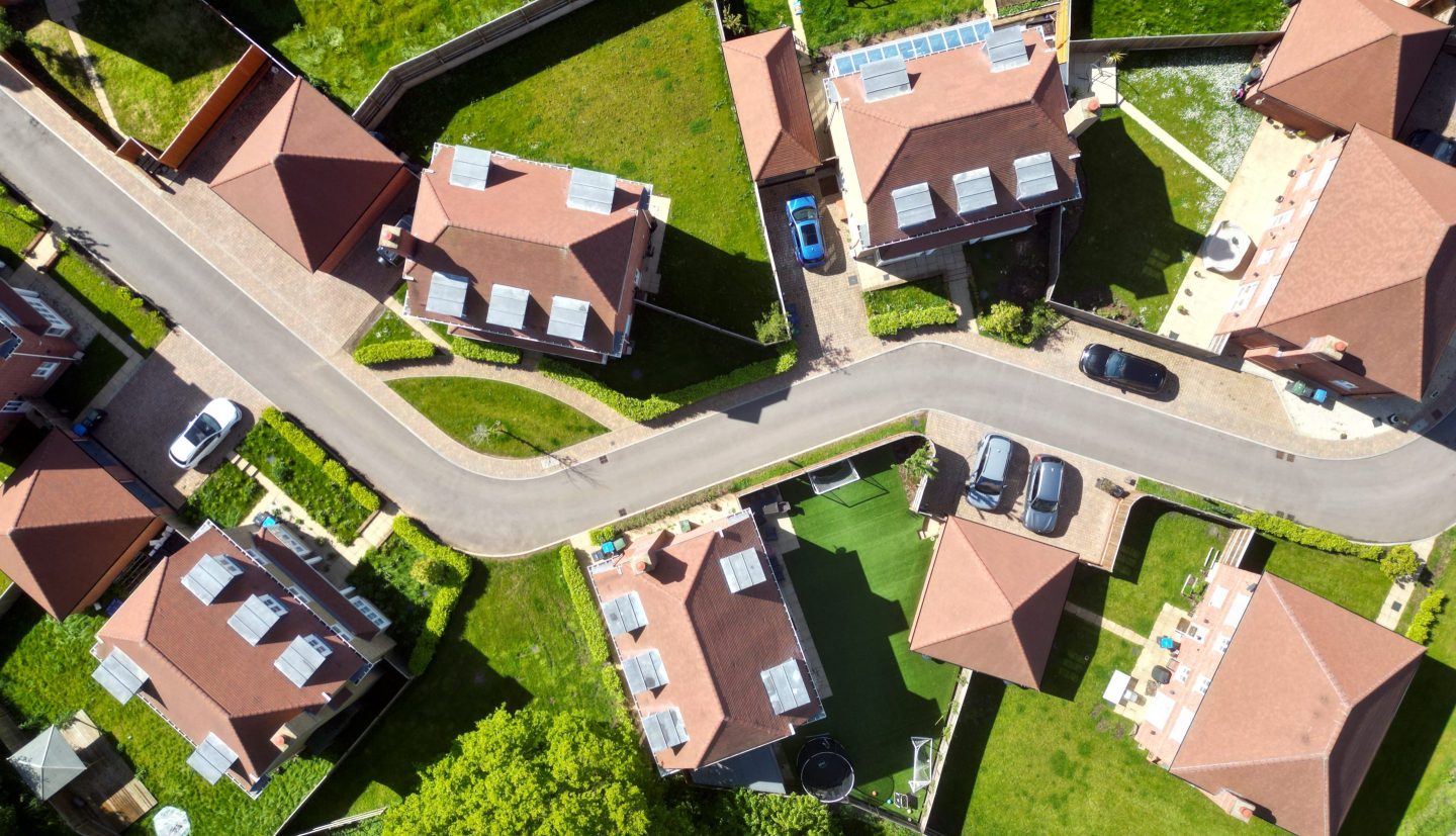 Overhead aerial view of newly built detached housing