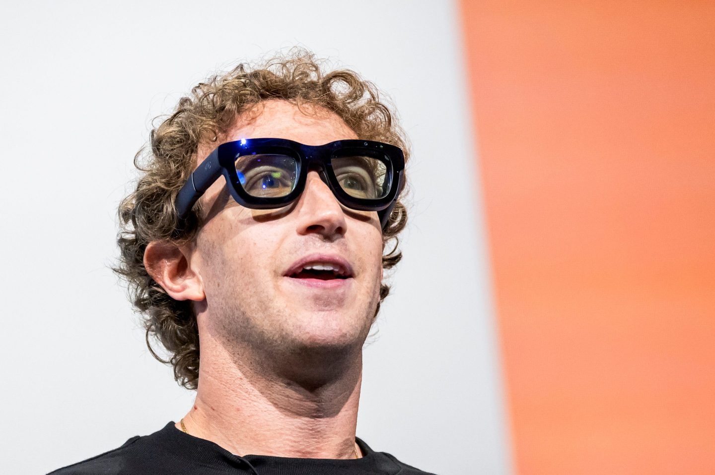 Mark Zuckerberg, chief executive officer of Meta Platforms Inc., wears Orion augmented reality (AR) glasses during the Meta Connect event in Menlo Park, California, US, on Wednesday, Sept. 25, 2024. Photographer: David Paul Morris/Bloomberg via Getty Images