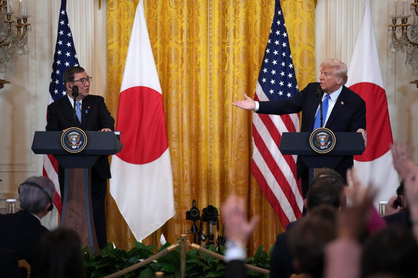 President Donald Trump and Japanese Prime Minister Shigeru Ishiba pictured at the White House on February 07, 2025 in Washington, DC.