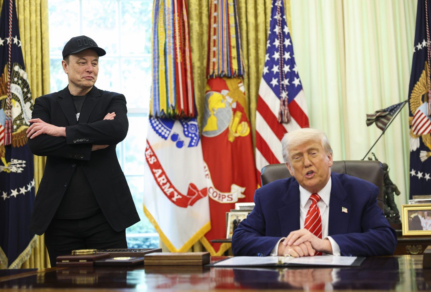 President Donald Trump holds a news conference with Elon Musk to mark the end of the Tesla CEO's tenure as a special government employee overseeing the U.S. DOGE Service on Friday May 30, 2025.