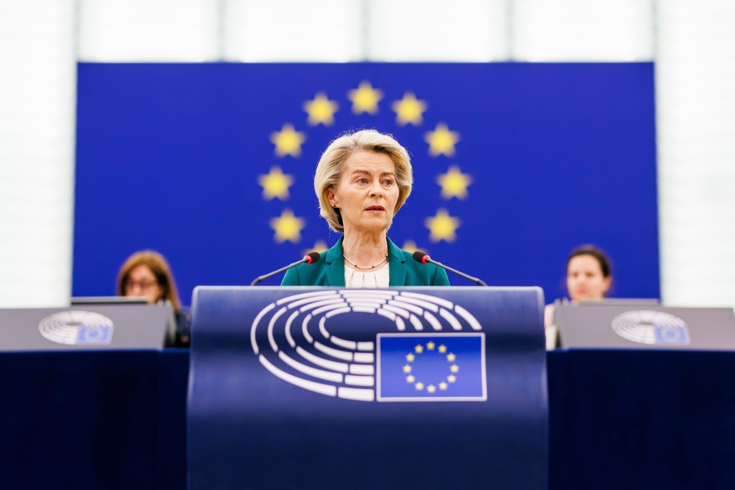 Ursula von der Leyen, President of the European Commission, speaks in the European Parliament building on July 8, 2025