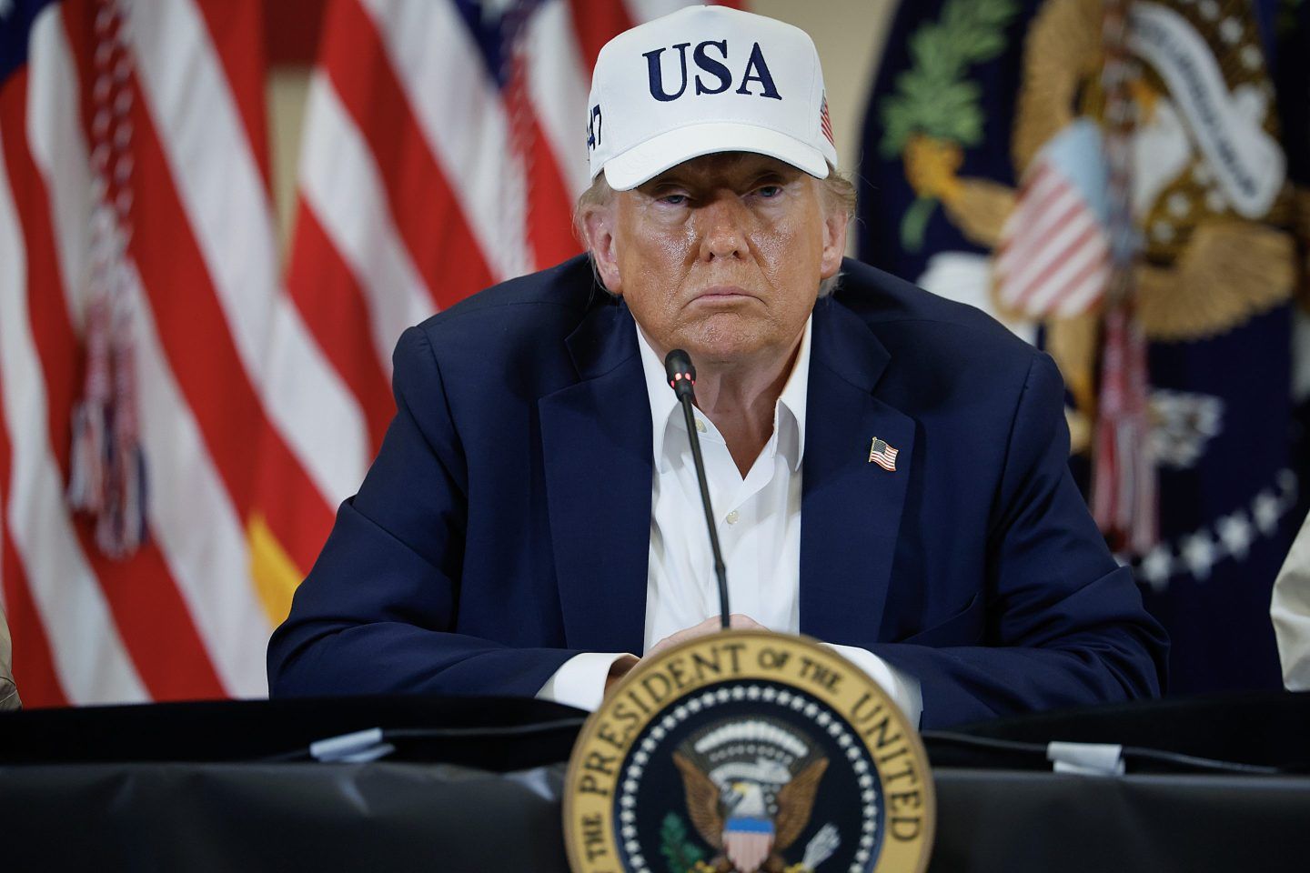 resident Donald Trump participates in a round table event at the Hill Country Youth Event Center to discuss last week's flash flooding on July 11, 2025 in Kerrville, Texas. Trump traveled to Texas one week after flash flooding along the Guadalupe River swept through cities, mobile home parks and summer camps, killing 120 people.
