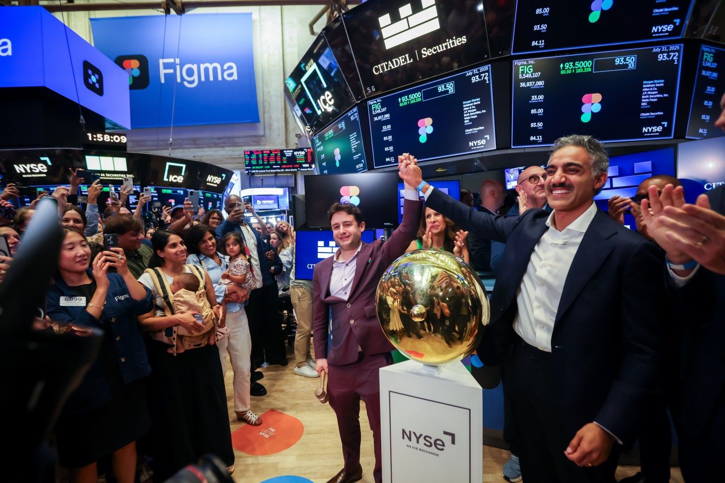 Figma CEO Dylan Field with CFO Praveer Melwani during the company's IPO on the floor of the New York Stock Exchange on July 31, 2025. (Photo: Michael Nagle/Bloomberg/Getty Images)